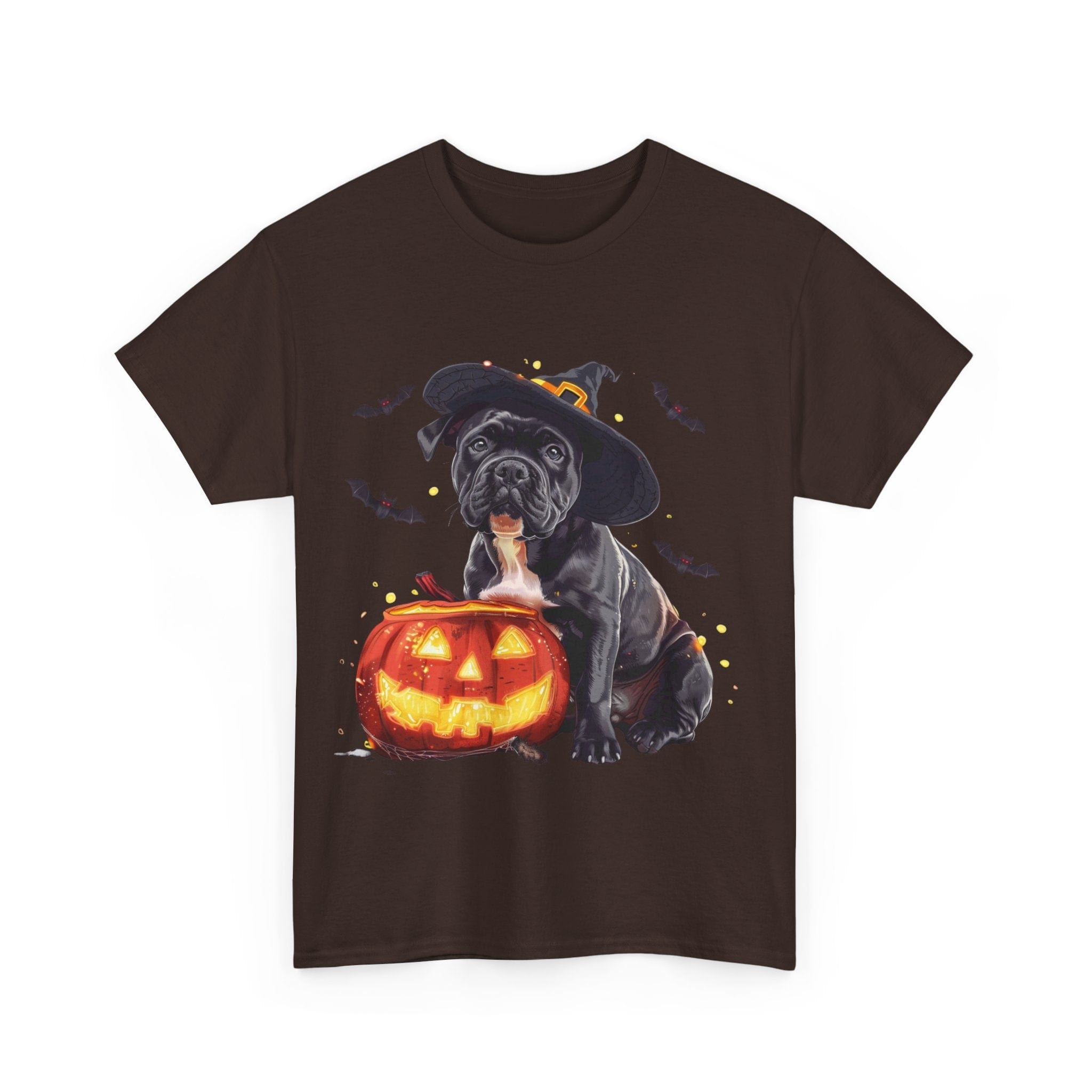 Printify T-Shirt Halloween Staffordshire Bull Terrier in Witch Hat Tee – Unisex Cotton Shirt