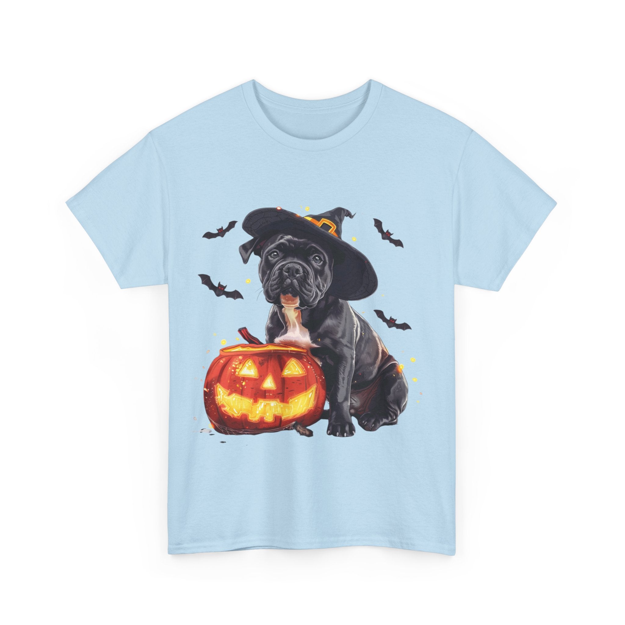 Printify T-Shirt Halloween Staffordshire Bull Terrier in Witch Hat Tee – Unisex Cotton Shirt