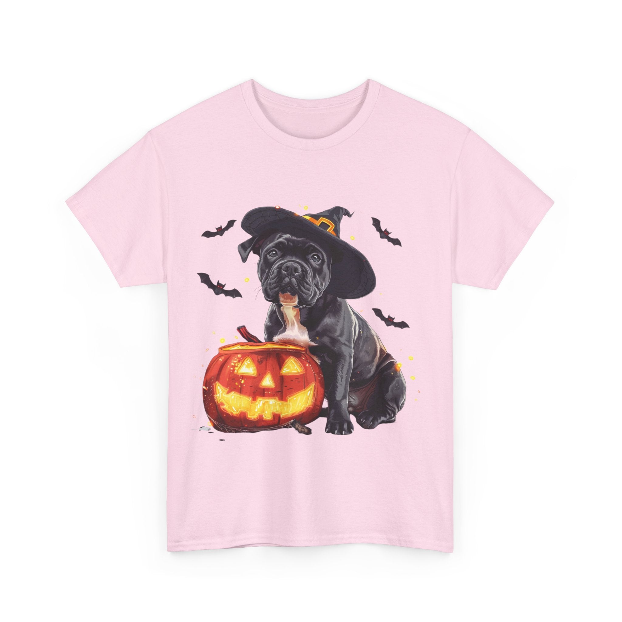 Printify T-Shirt Halloween Staffordshire Bull Terrier in Witch Hat Tee – Unisex Cotton Shirt