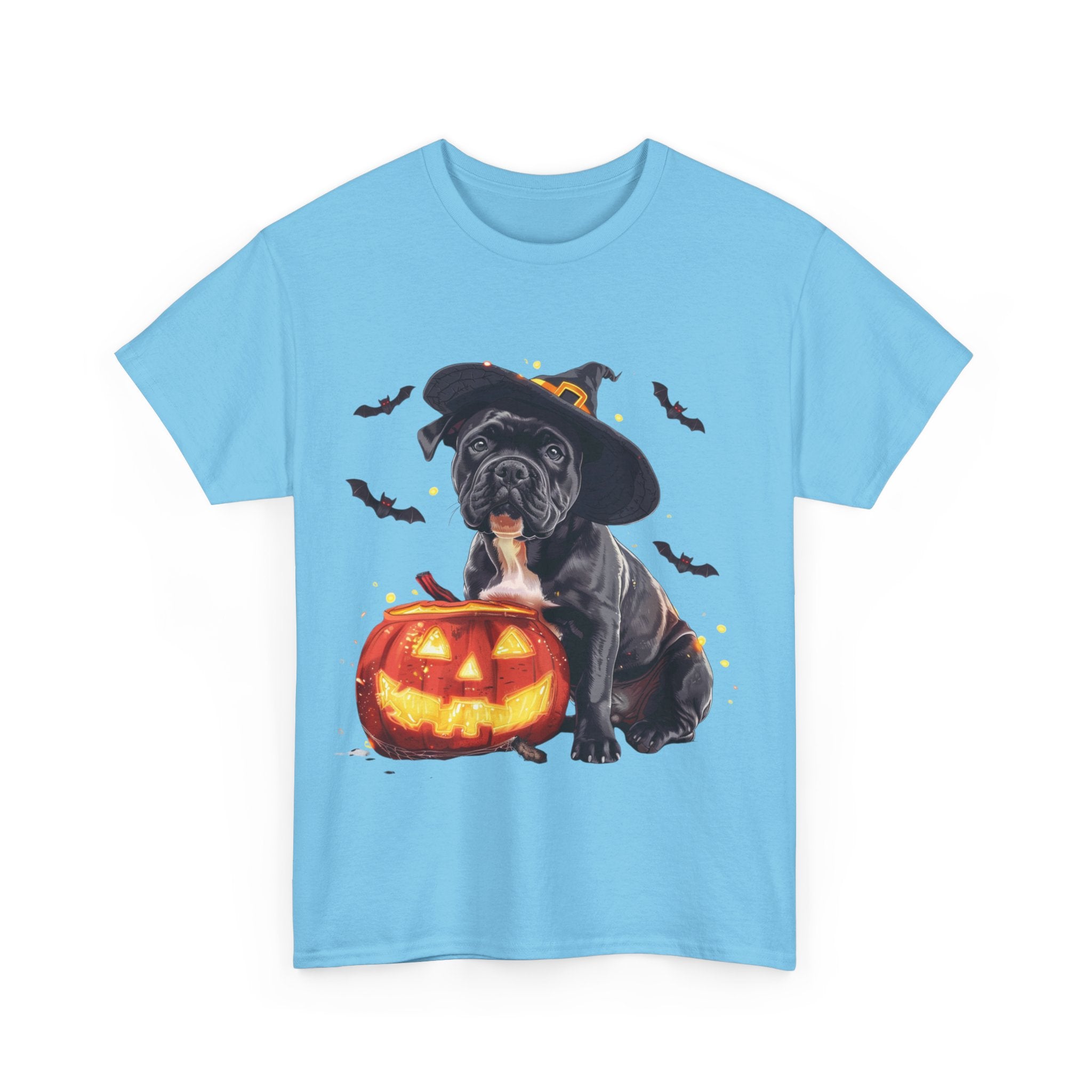 Printify T-Shirt Halloween Staffordshire Bull Terrier in Witch Hat Tee – Unisex Cotton Shirt