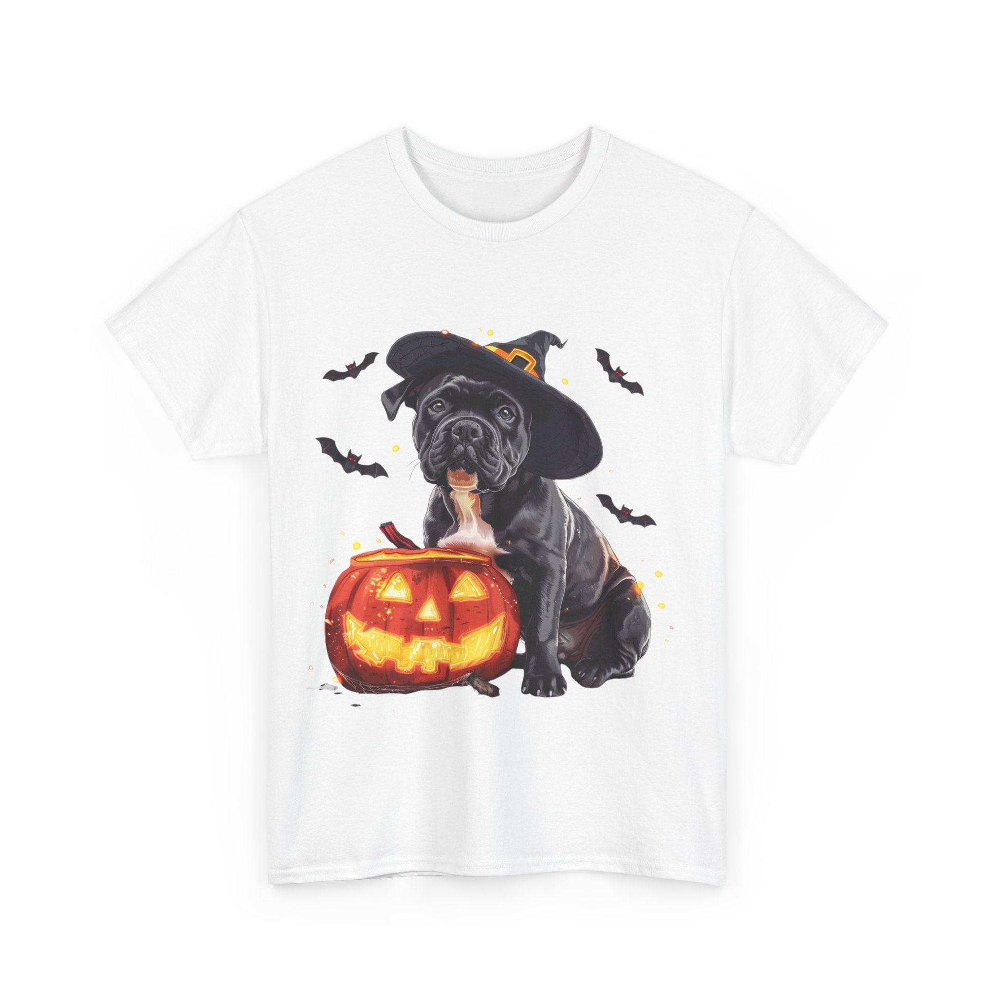 Printify T-Shirt Halloween Staffordshire Bull Terrier in Witch Hat Tee – Unisex Cotton Shirt