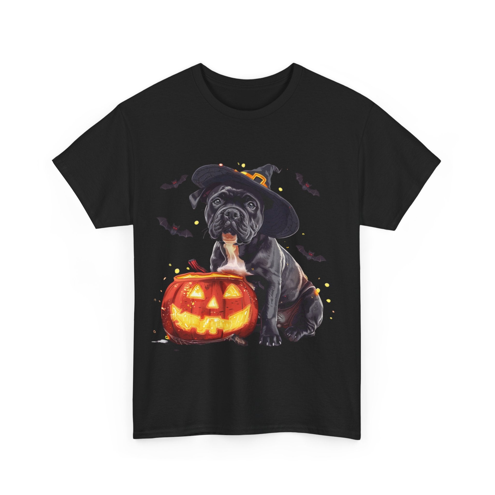 Printify T-Shirt Halloween Staffordshire Bull Terrier in Witch Hat Tee – Unisex Cotton Shirt