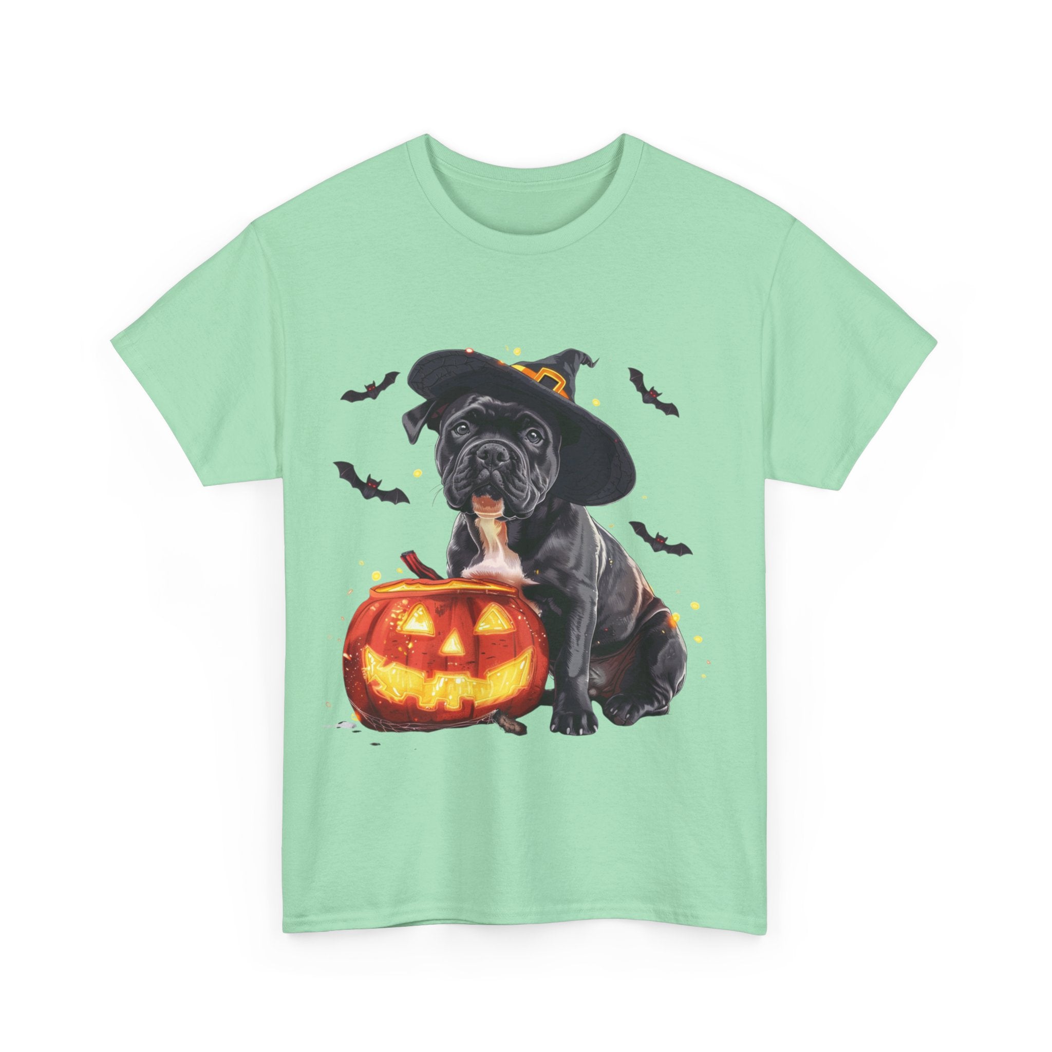 Printify T-Shirt Halloween Staffordshire Bull Terrier in Witch Hat Tee – Unisex Cotton Shirt