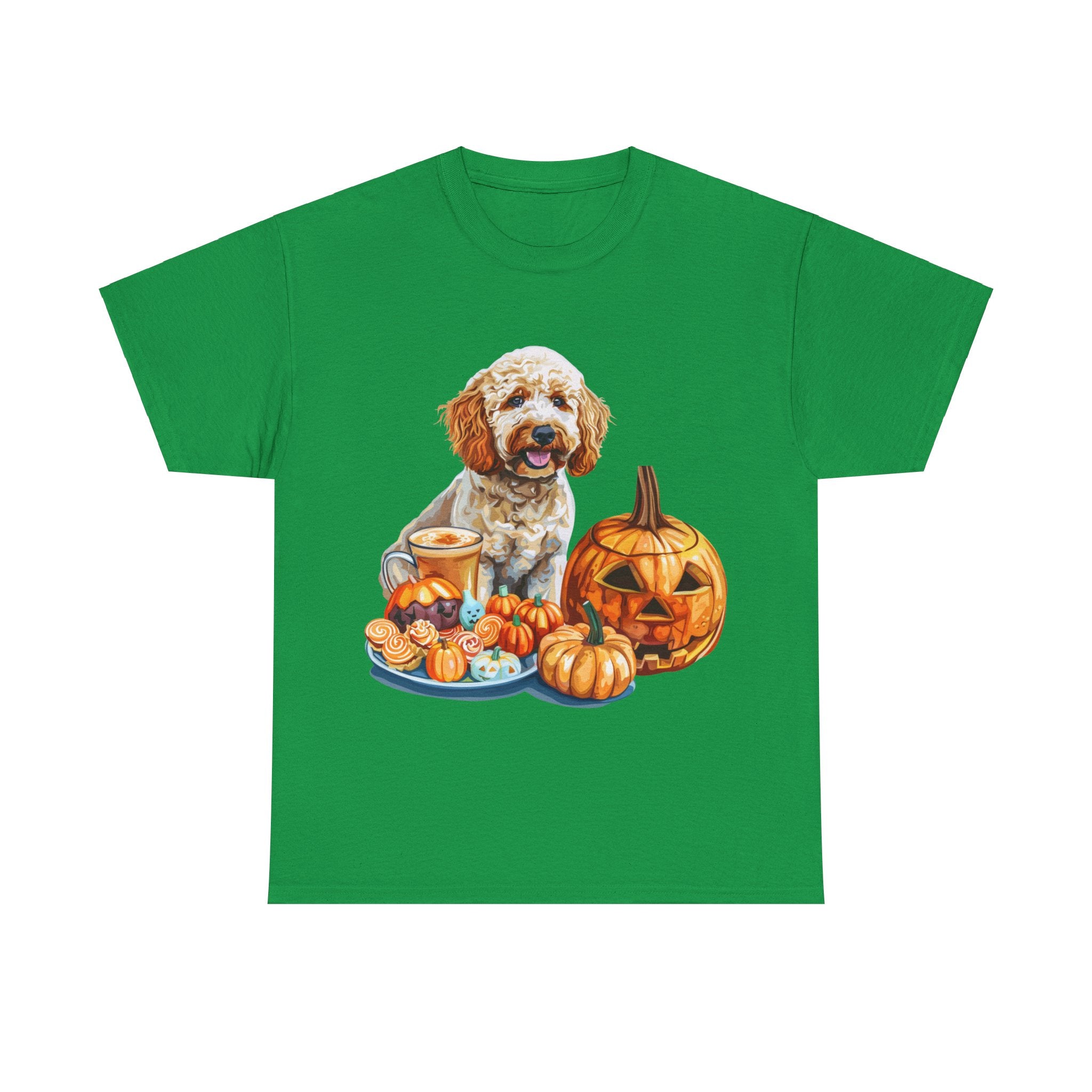 Printify T-Shirt Irish Green / S Adorable Cockapoo Halloween Design with Pumpkins and Festive Treats - Perfect for Dog Lovers