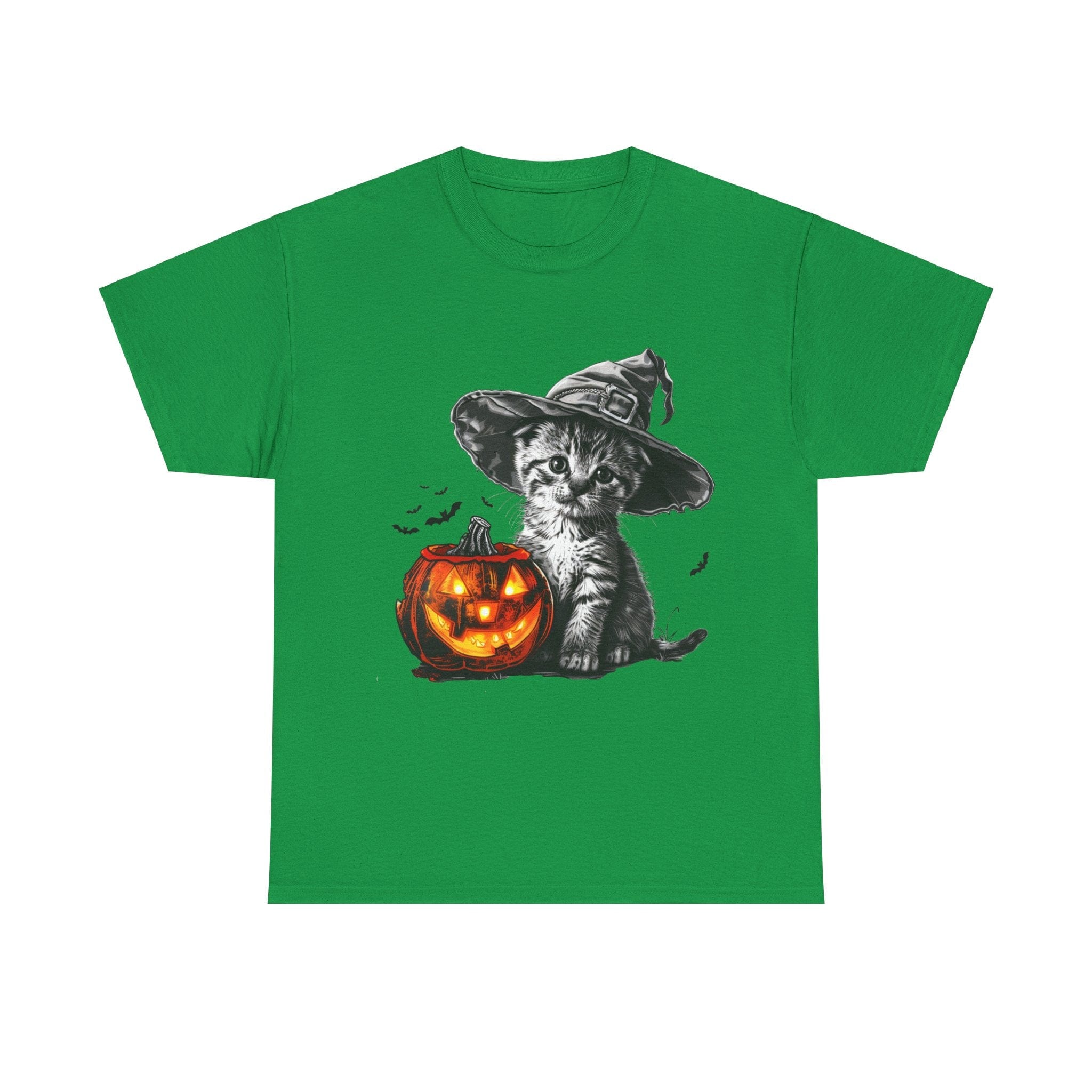 Printify T-Shirt Irish Green / S Adorable Kitten Witch Halloween Shirt – Spooky Pumpkin Design