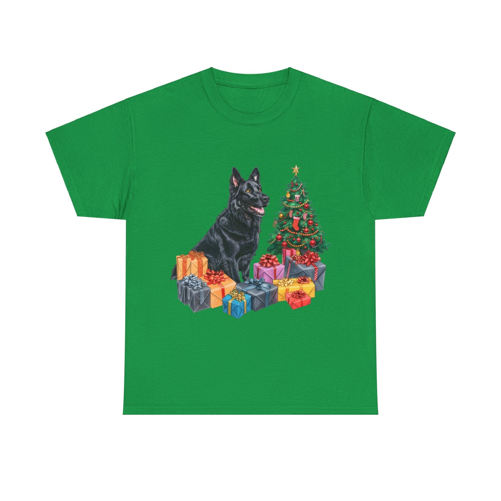 Printify T-Shirt Irish Green / S Christmas Black Shepherd Dog with Gifts and Tree – A Festive and Loyal Companion