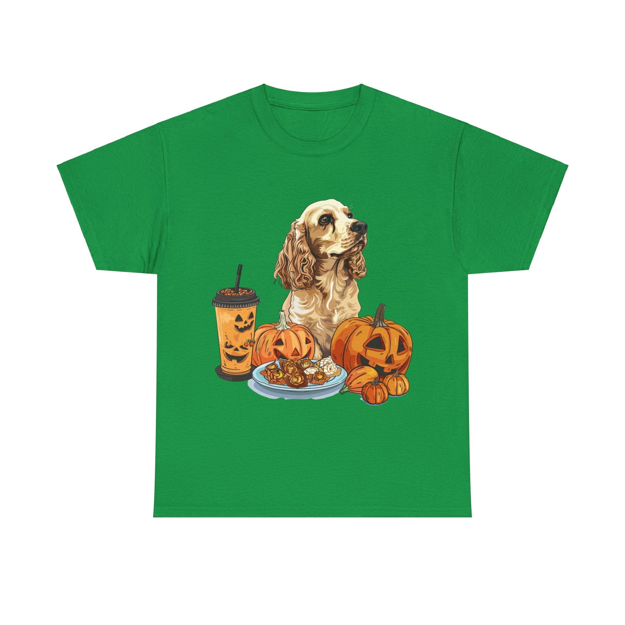 Printify T-Shirt Irish Green / S Cocker Spaniel Halloween Design with Pumpkins and Sweet Treats – Ideal for Dog Lovers