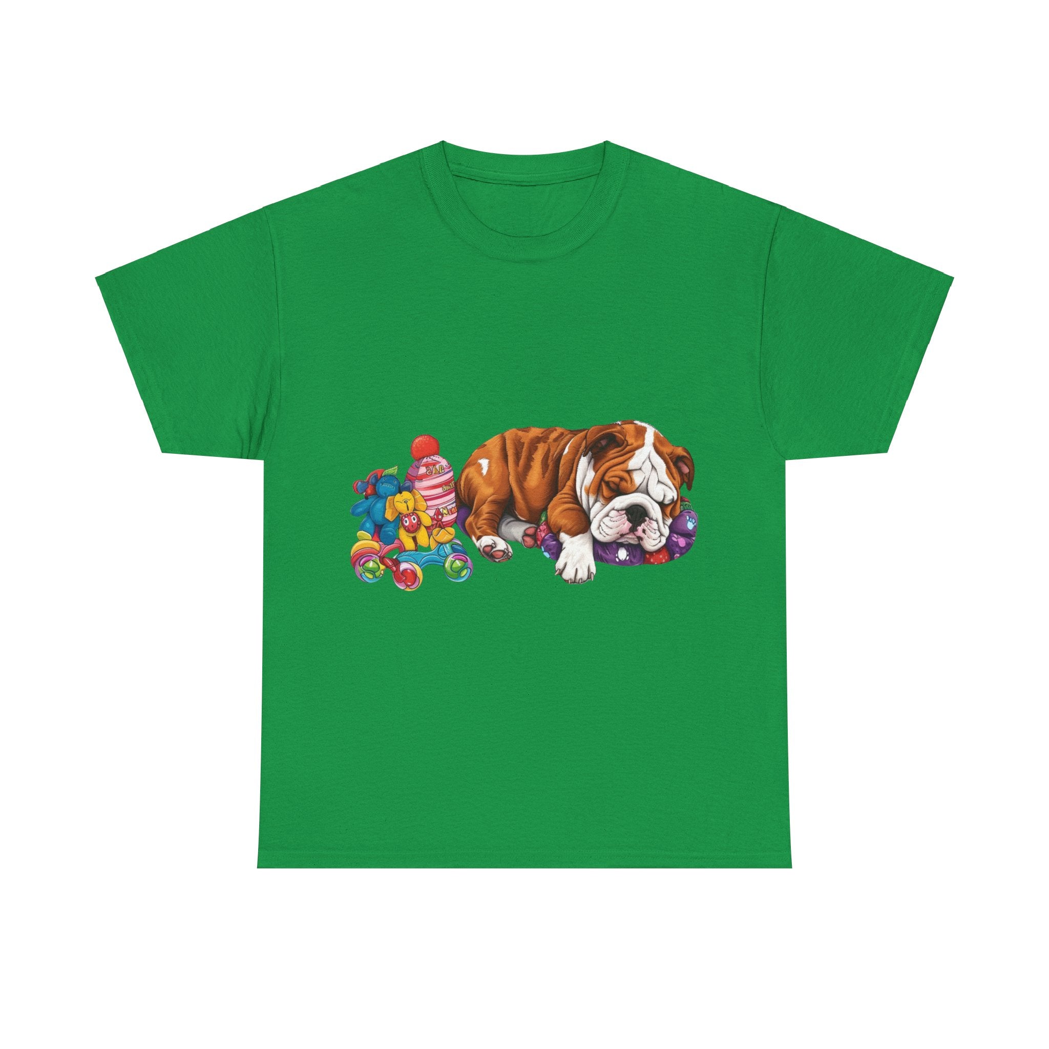 Printify T-Shirt Irish Green / S Cozy Sleeping Bulldog with Toys – Delightful Design for Dog Lovers