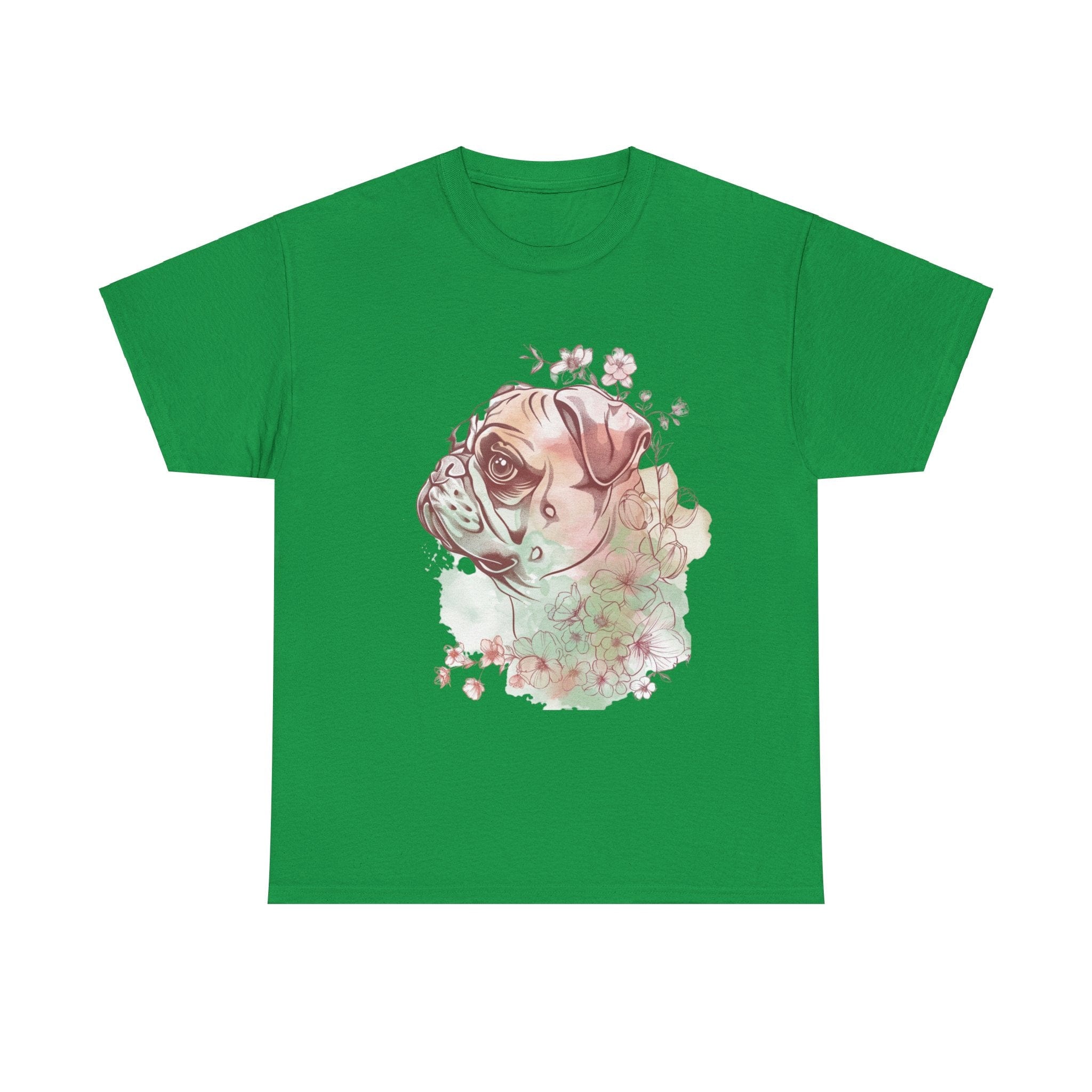 Printify T-Shirt Irish Green / S Floral Pug Silhouette Unisex Heavy Cotton Tee