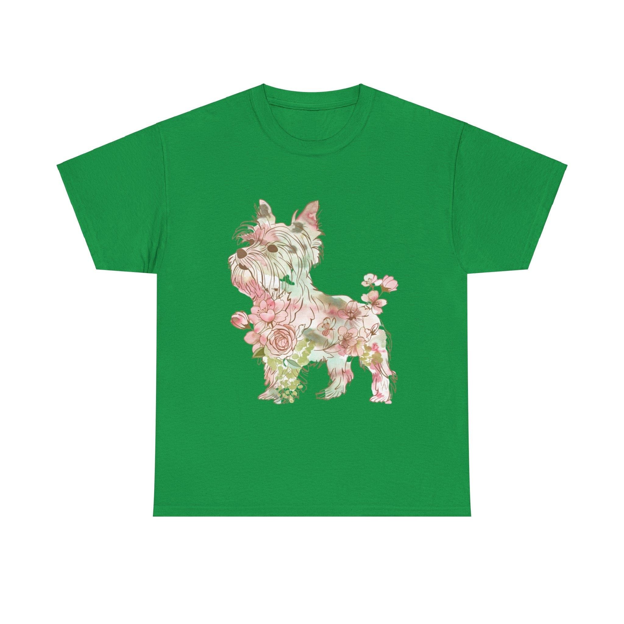 Printify T-Shirt Irish Green / S Floral Yorkshire Terrier Unisex Cotton Tee