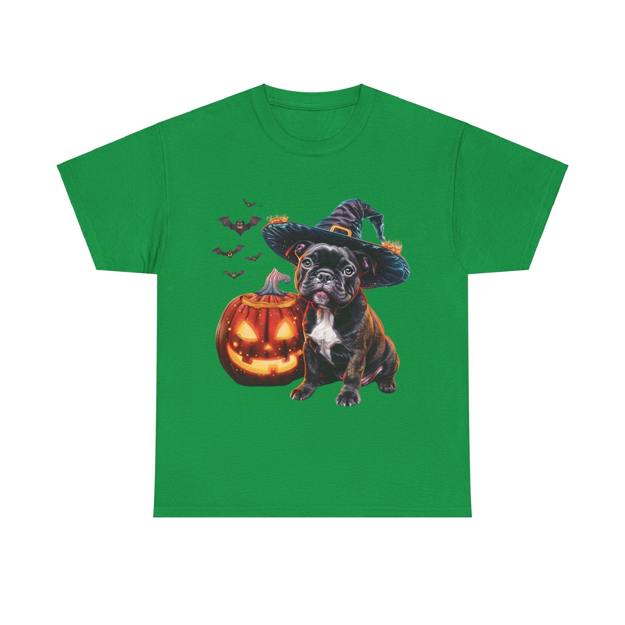 Printify T-Shirt Irish Green / S French Bulldog Halloween Witch Hat and Pumpkin Unisex Cotton Tee