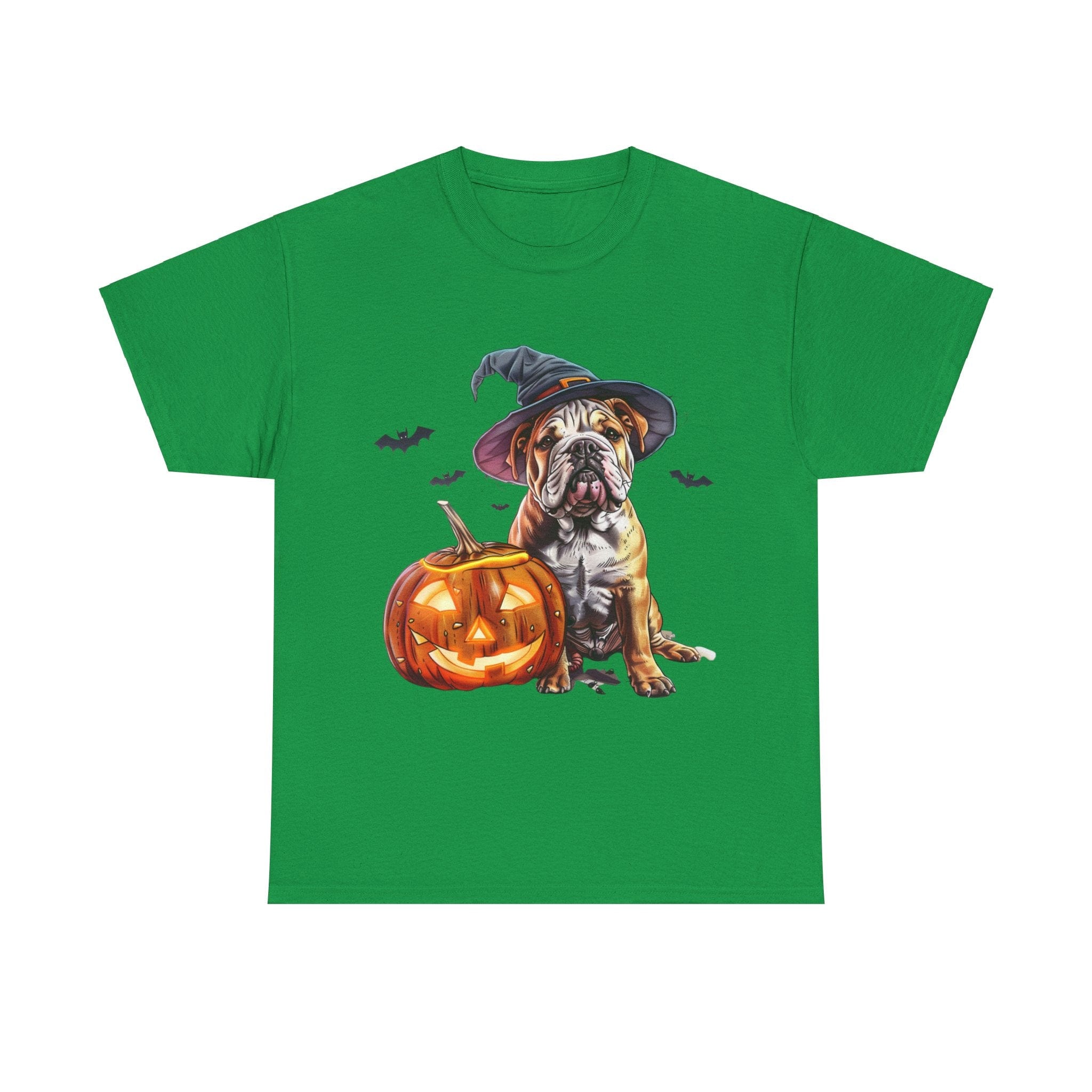 Printify T-Shirt Irish Green / S Halloween Bulldog Witch Hat & Pumpkin Glow Unisex Cotton Tee