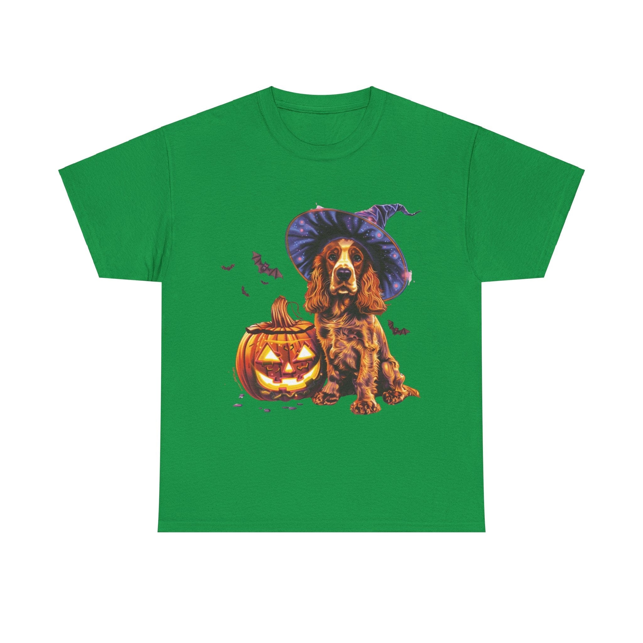 Printify T-Shirt Irish Green / S Halloween Cocker Spaniel Witch Hat and Pumpkin Unisex Cotton Tee