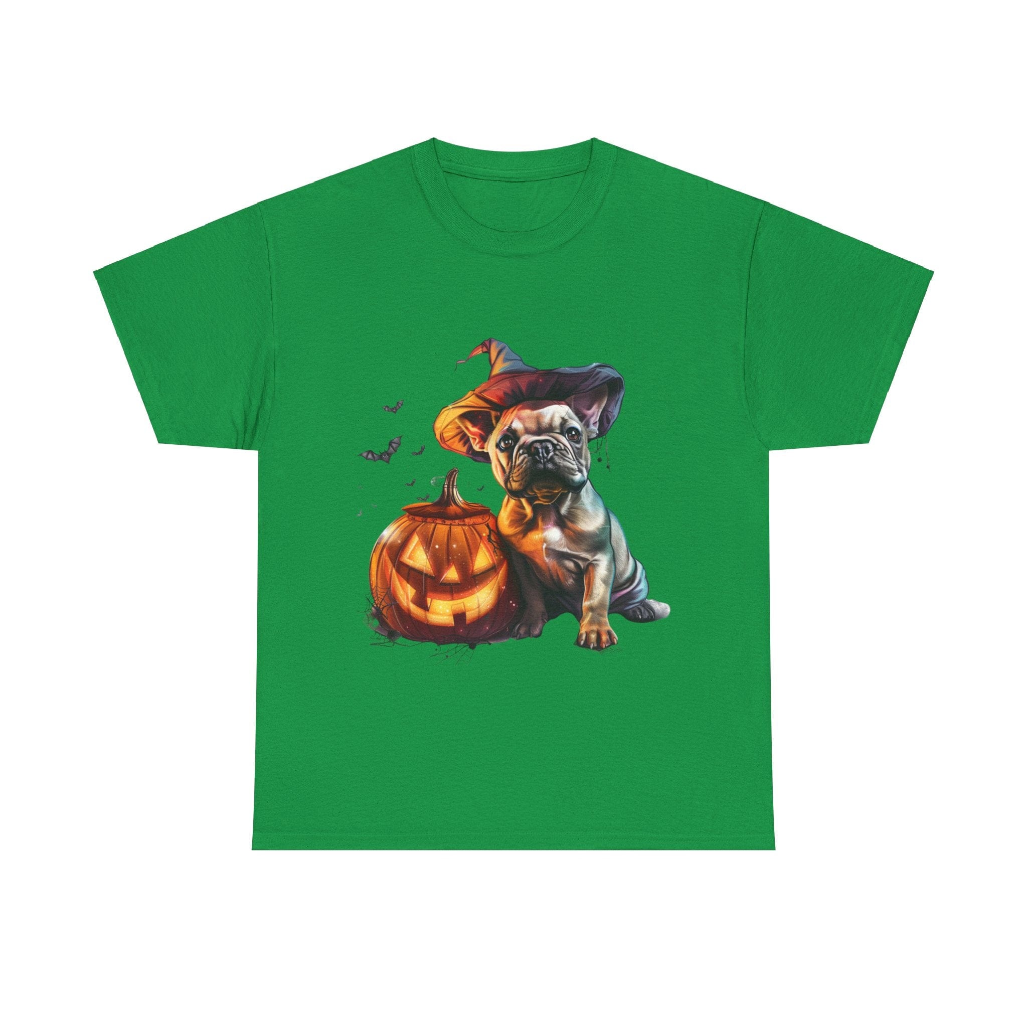 Printify T-Shirt Irish Green / S Halloween French Bulldog with Pumpkin and Witch Hat Unisex Cotton Tee