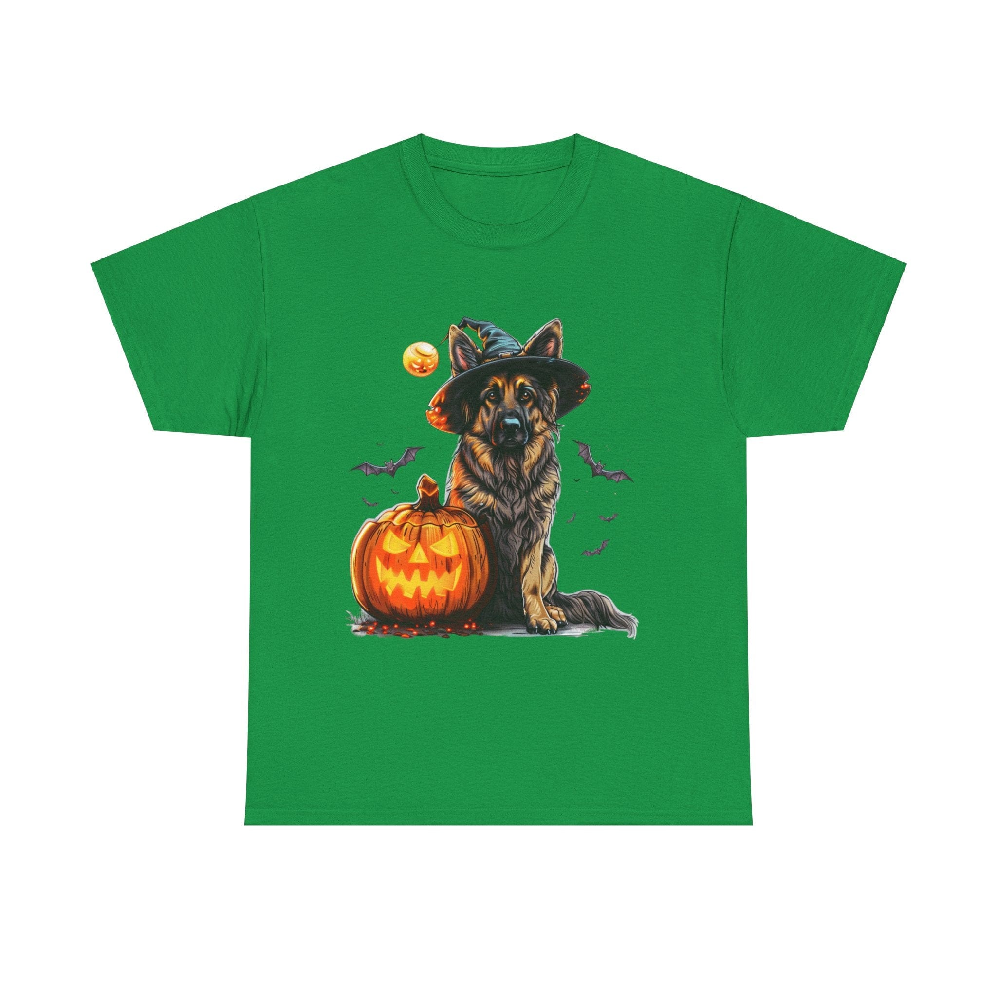 Printify T-Shirt Irish Green / S Halloween German Shepherd with Witch Hat and Pumpkin Unisex Cotton Tee