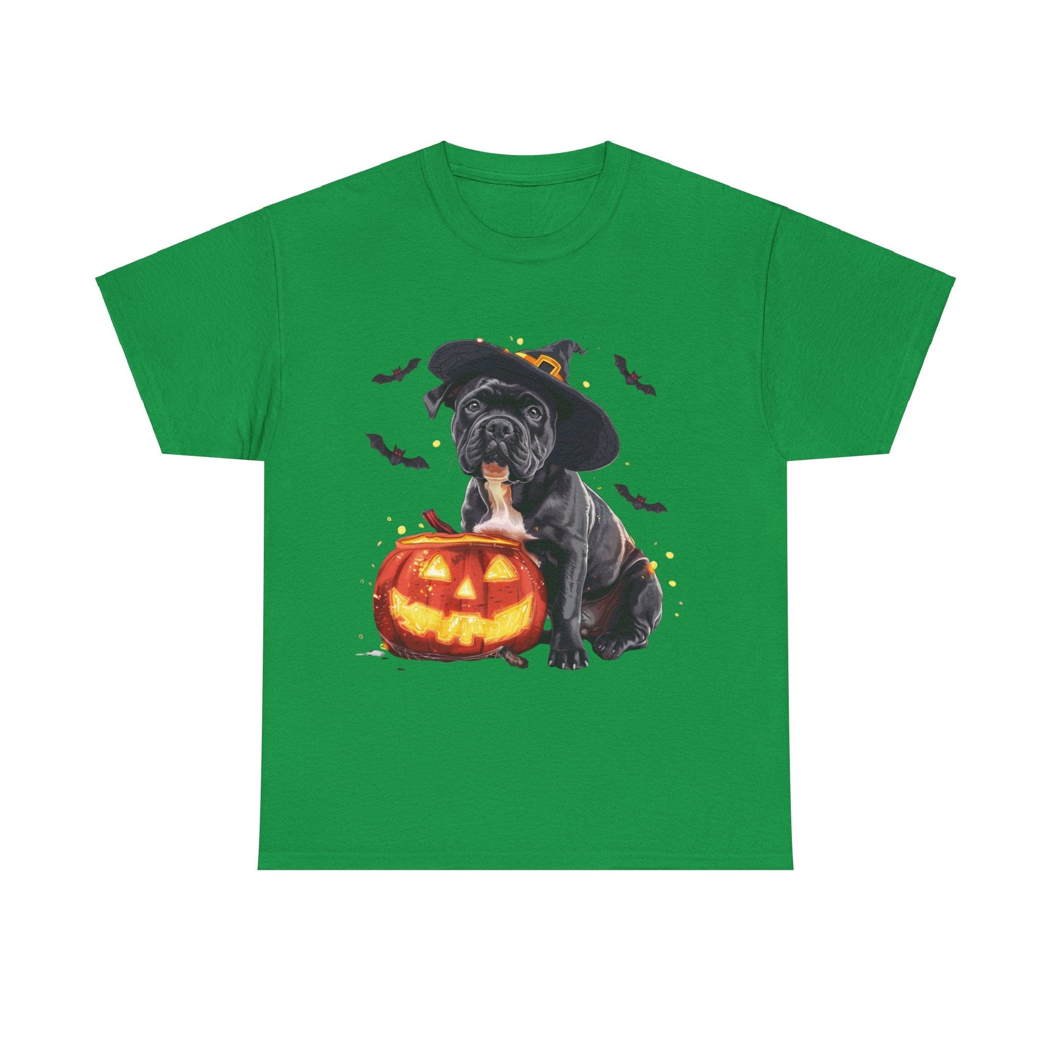 Printify T-Shirt Irish Green / S Halloween Staffordshire Bull Terrier in Witch Hat Tee – Unisex Cotton Shirt