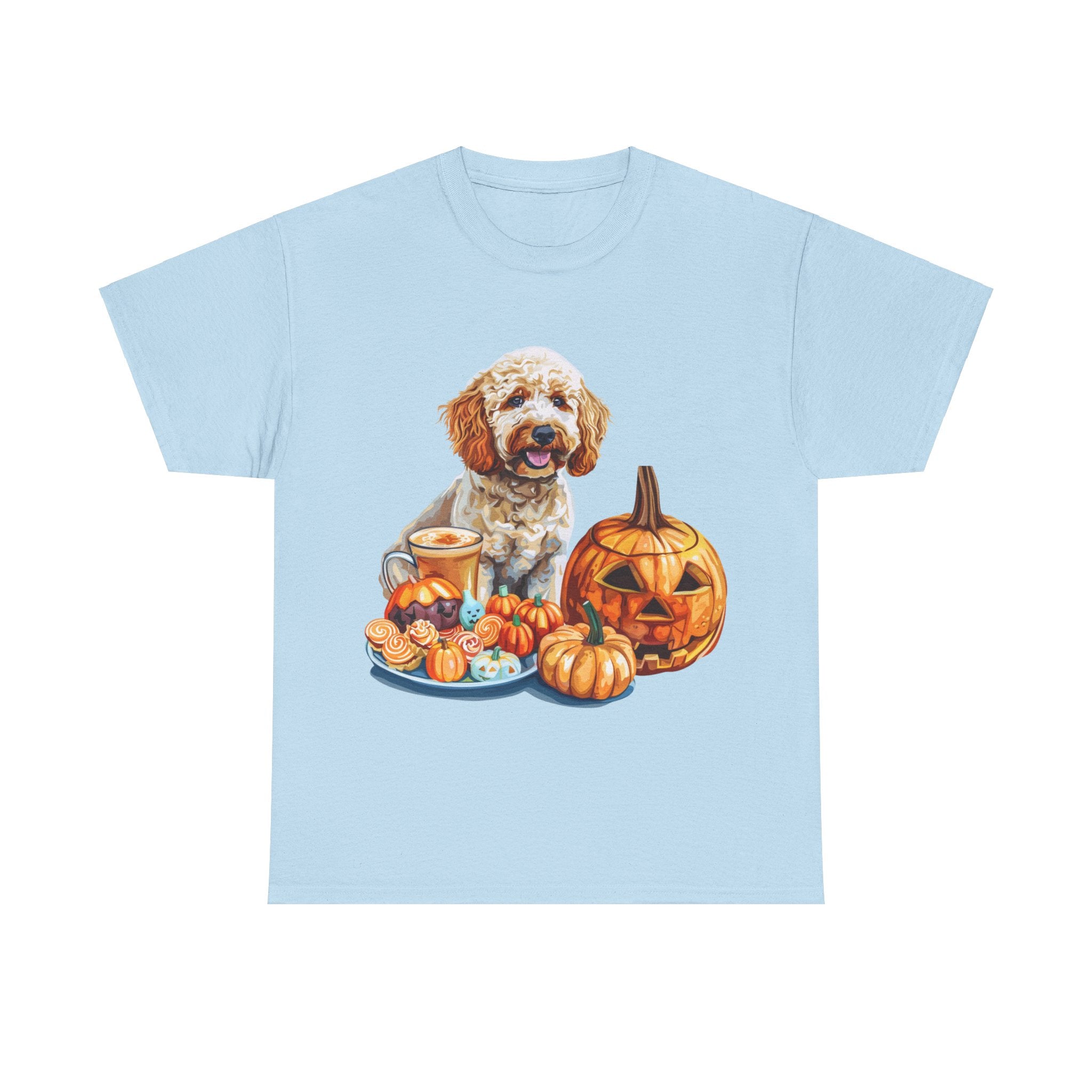 Printify T-Shirt Light Blue / S Adorable Cockapoo Halloween Design with Pumpkins and Festive Treats - Perfect for Dog Lovers