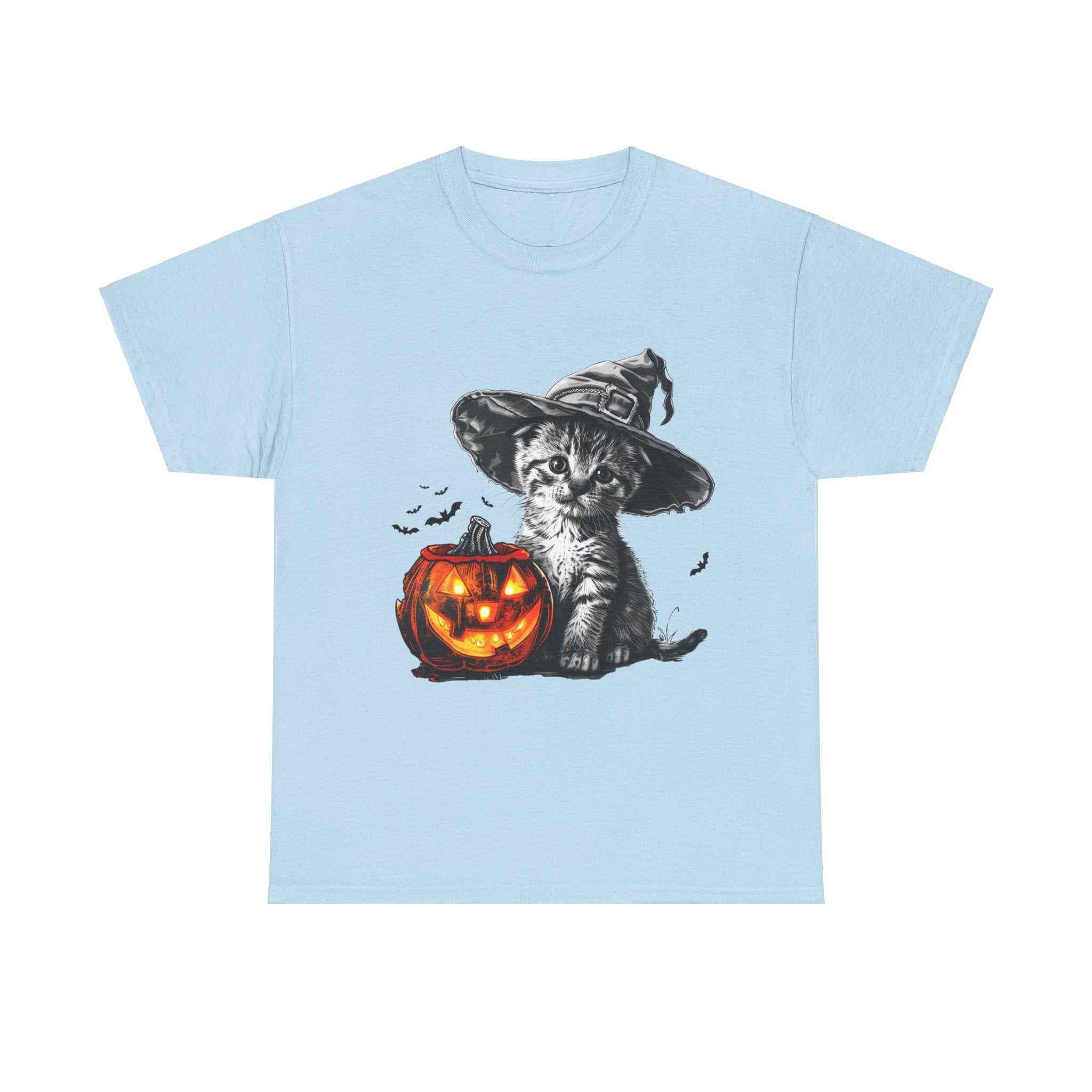 Printify T-Shirt Light Blue / S Adorable Kitten Witch Halloween Shirt – Spooky Pumpkin Design