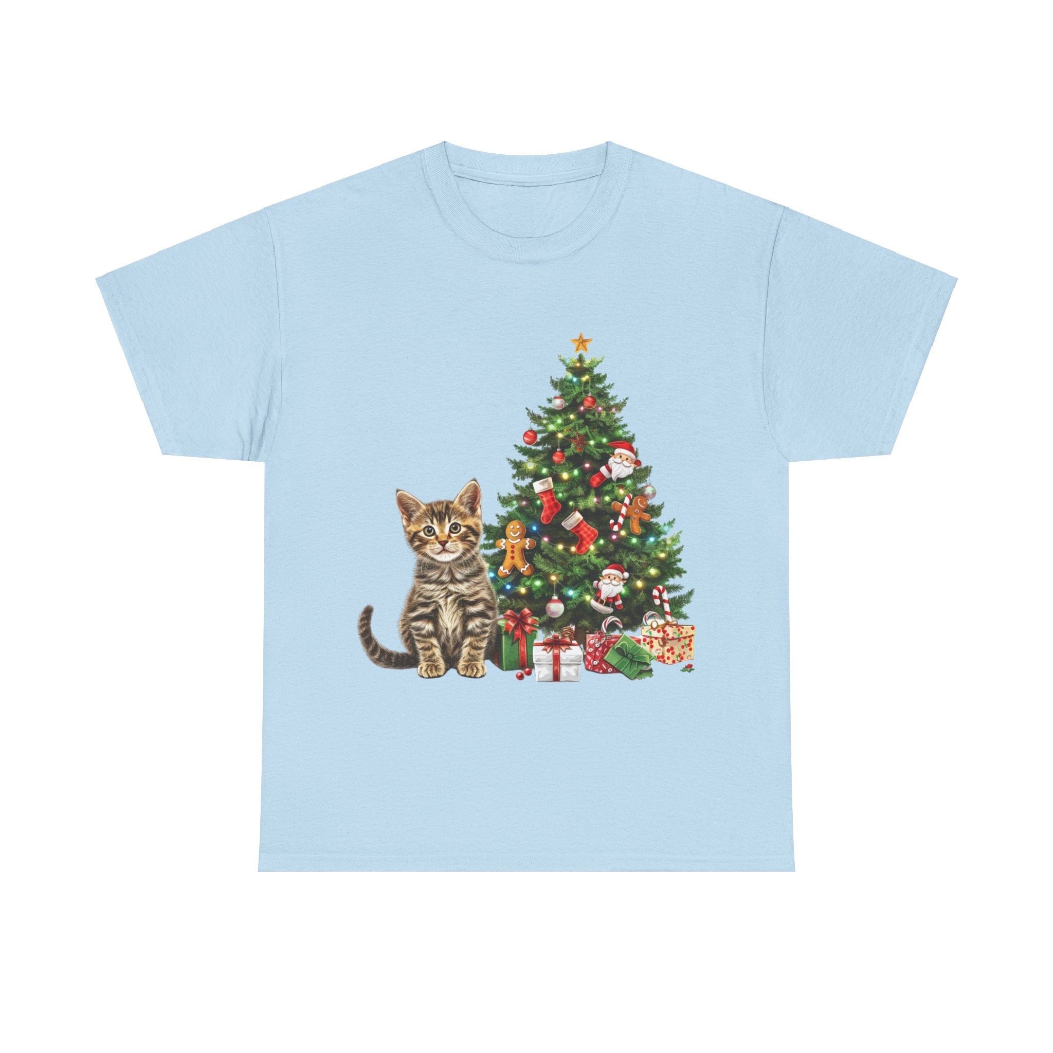 Printify T-Shirt Light Blue / S Adorable Tabby Kitten with Christmas Tree and Gifts – Festive Holiday Cat Art