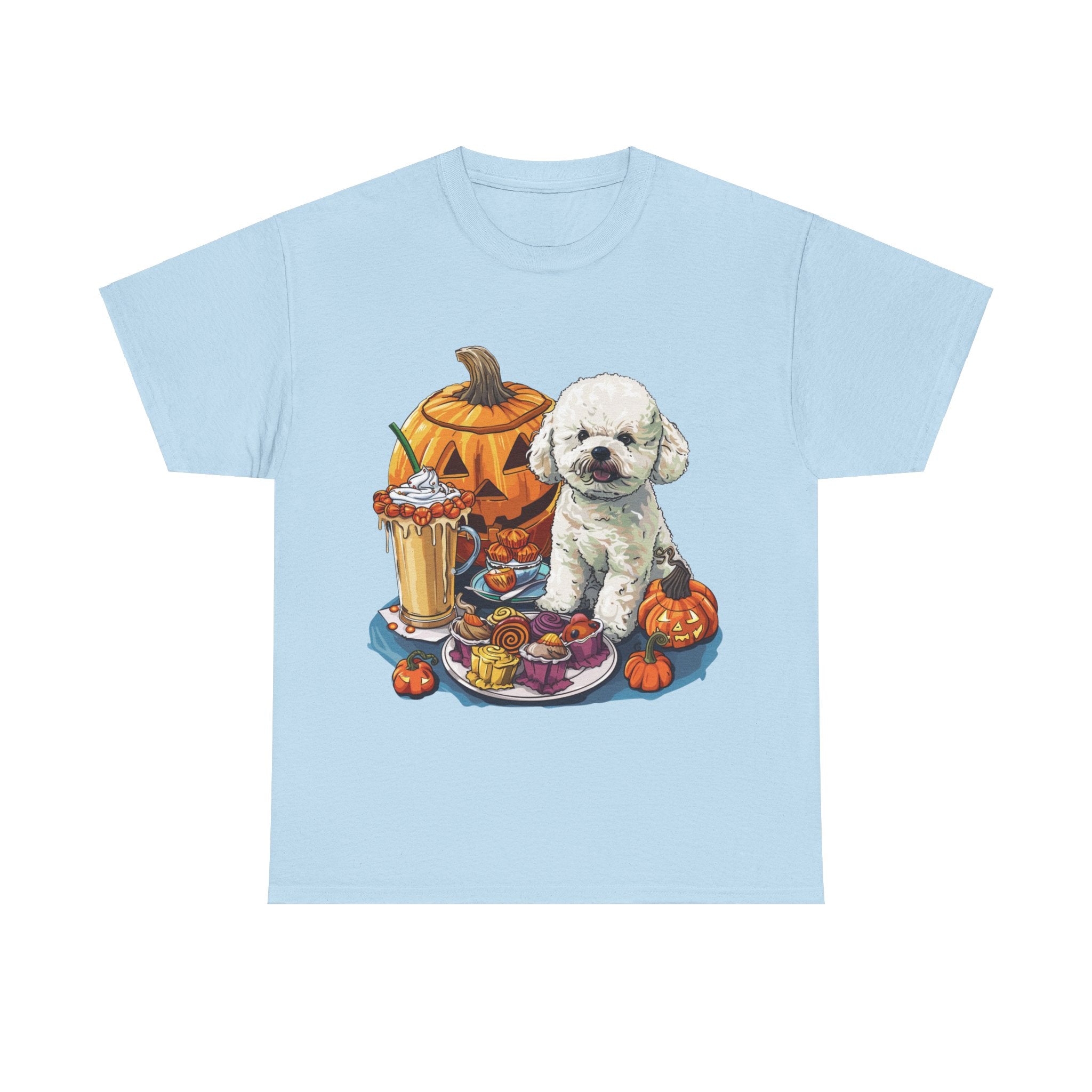 Printify T-Shirt Light Blue / S Bichon Frise Halloween Design with Jack-o'-Lanterns and Festive Treats – Perfect for Dog Lovers