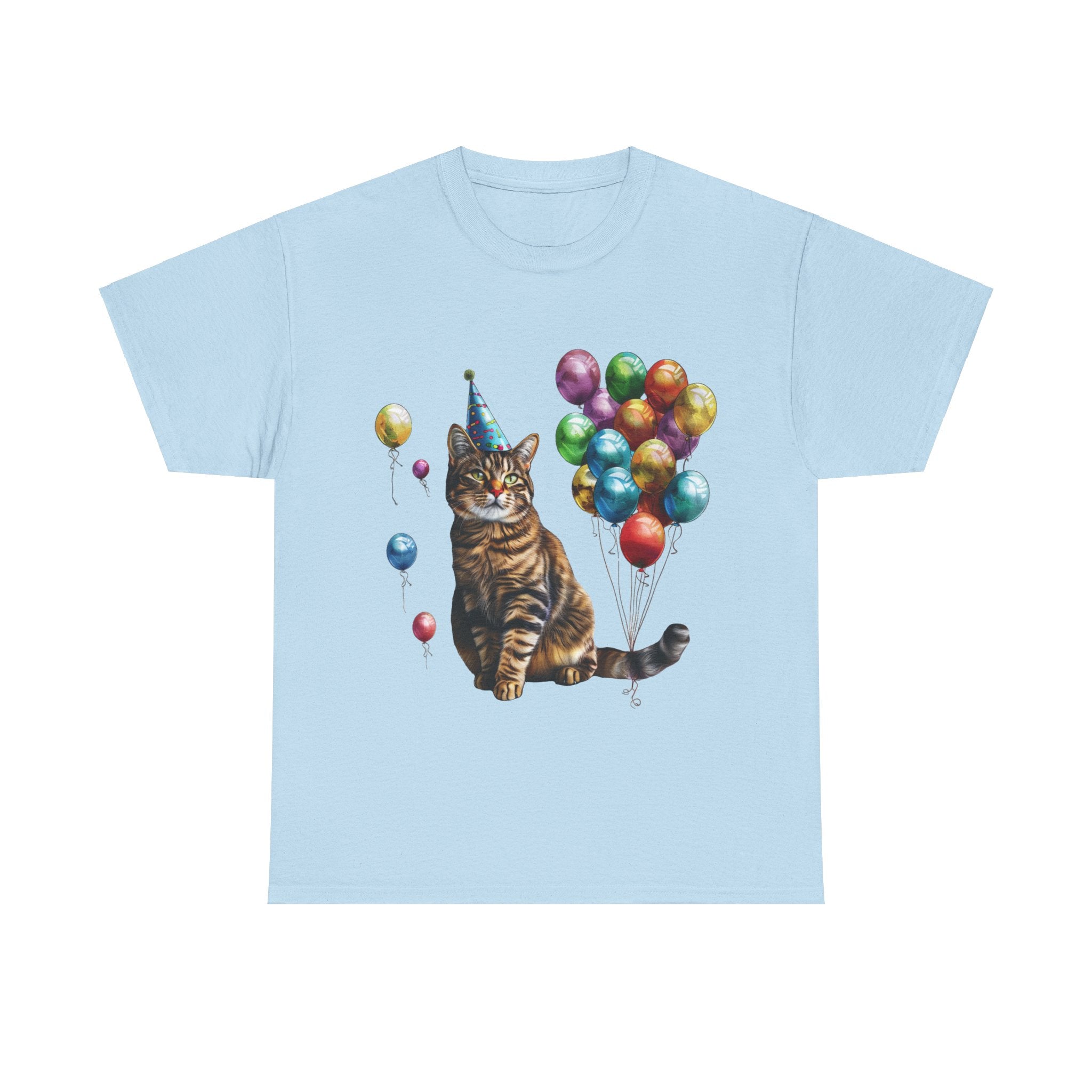 Printify T-Shirt Light Blue / S Birthday Cat with Balloons – Celebrate in Feline Style!