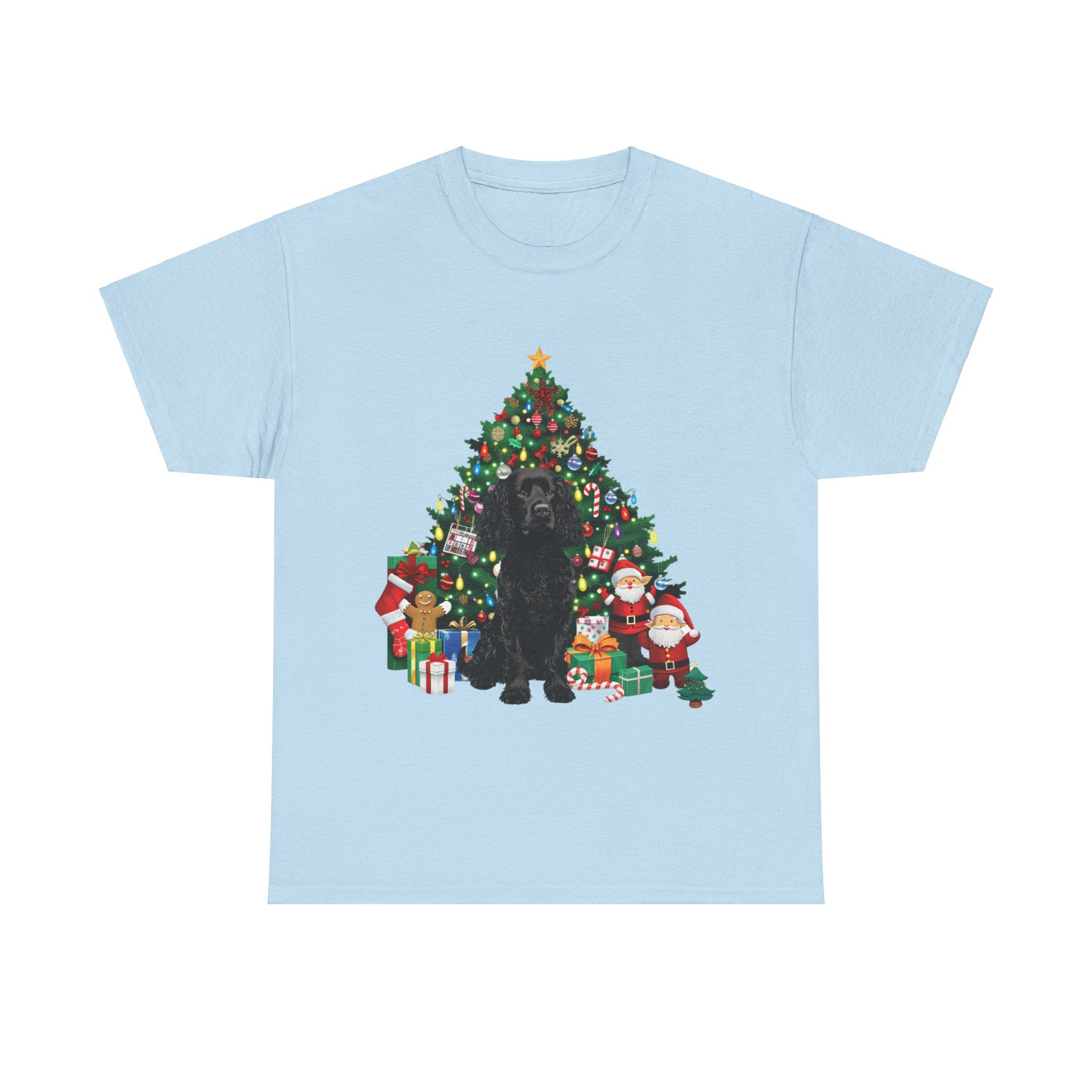 Printify T-Shirt Light Blue / S Black Cocker Spaniel with Christmas Tree and Santa – Festive Holiday Dog Art