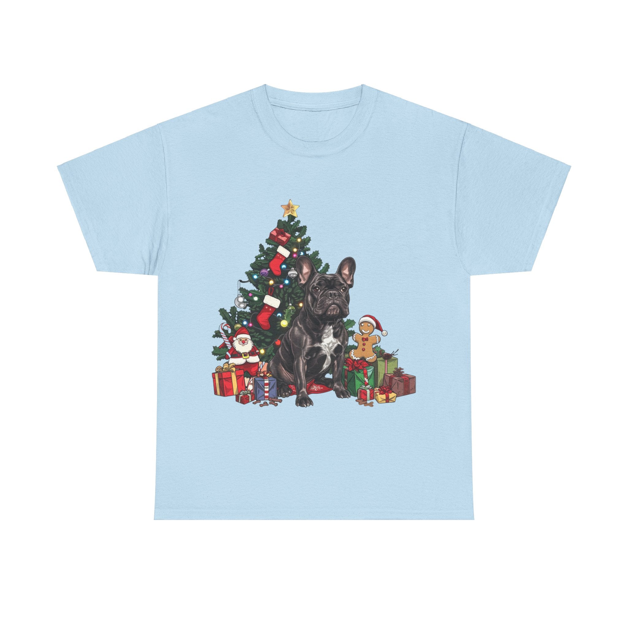 Printify T-Shirt Light Blue / S Black French Bulldog with Christmas Tree and Gifts – Festive Holiday Dog Art