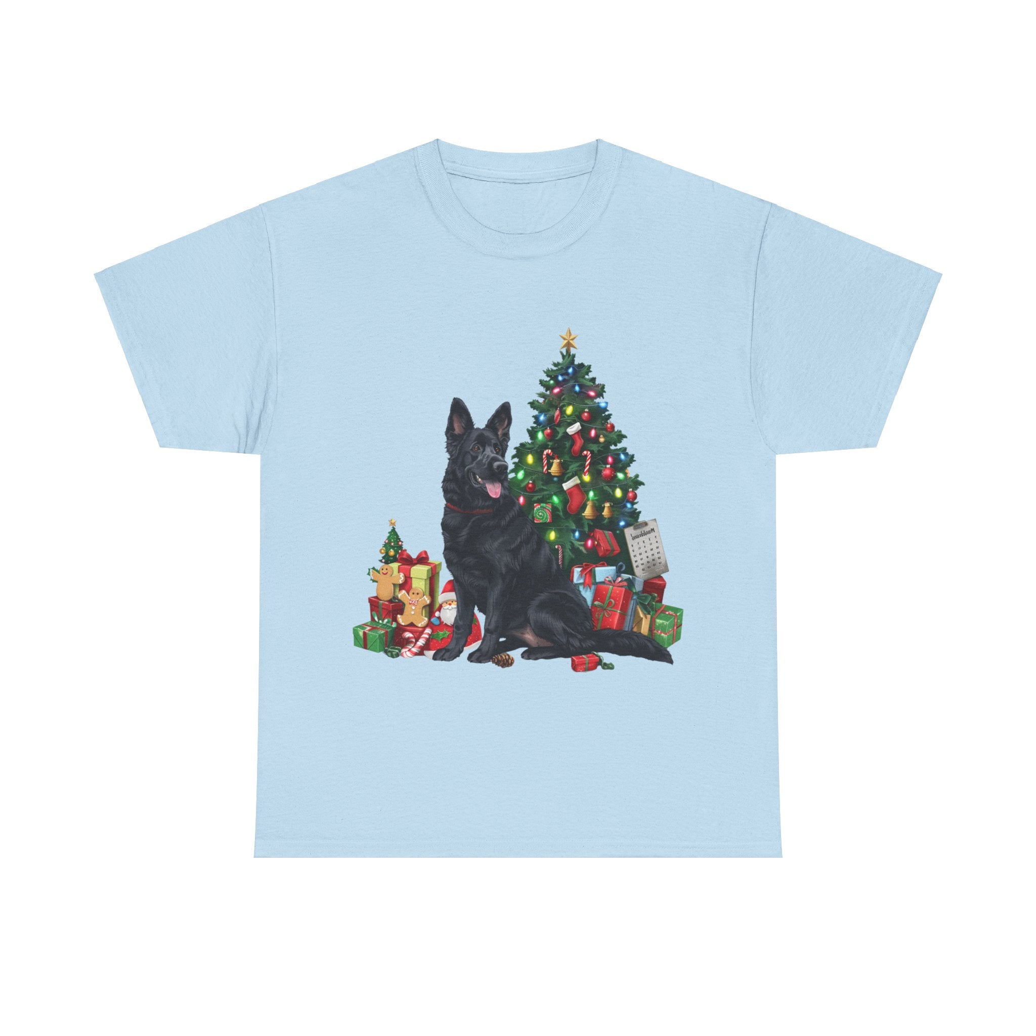 Printify T-Shirt Light Blue / S Black German Shepherd with Christmas Tree and Gifts – Festive Holiday Dog Art