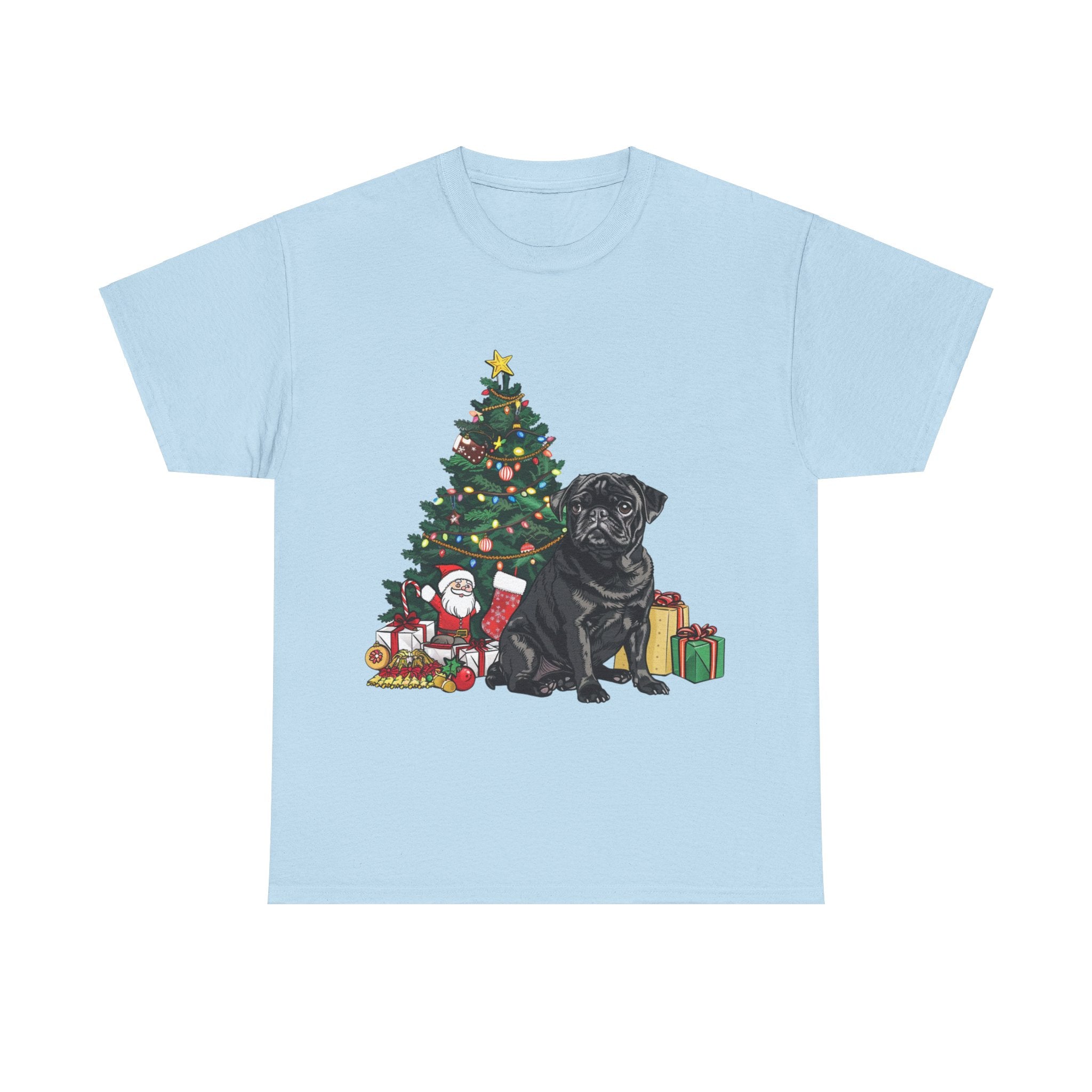 Printify T-Shirt Light Blue / S Black Pug with Christmas Tree and Gifts – Festive Holiday Dog Art