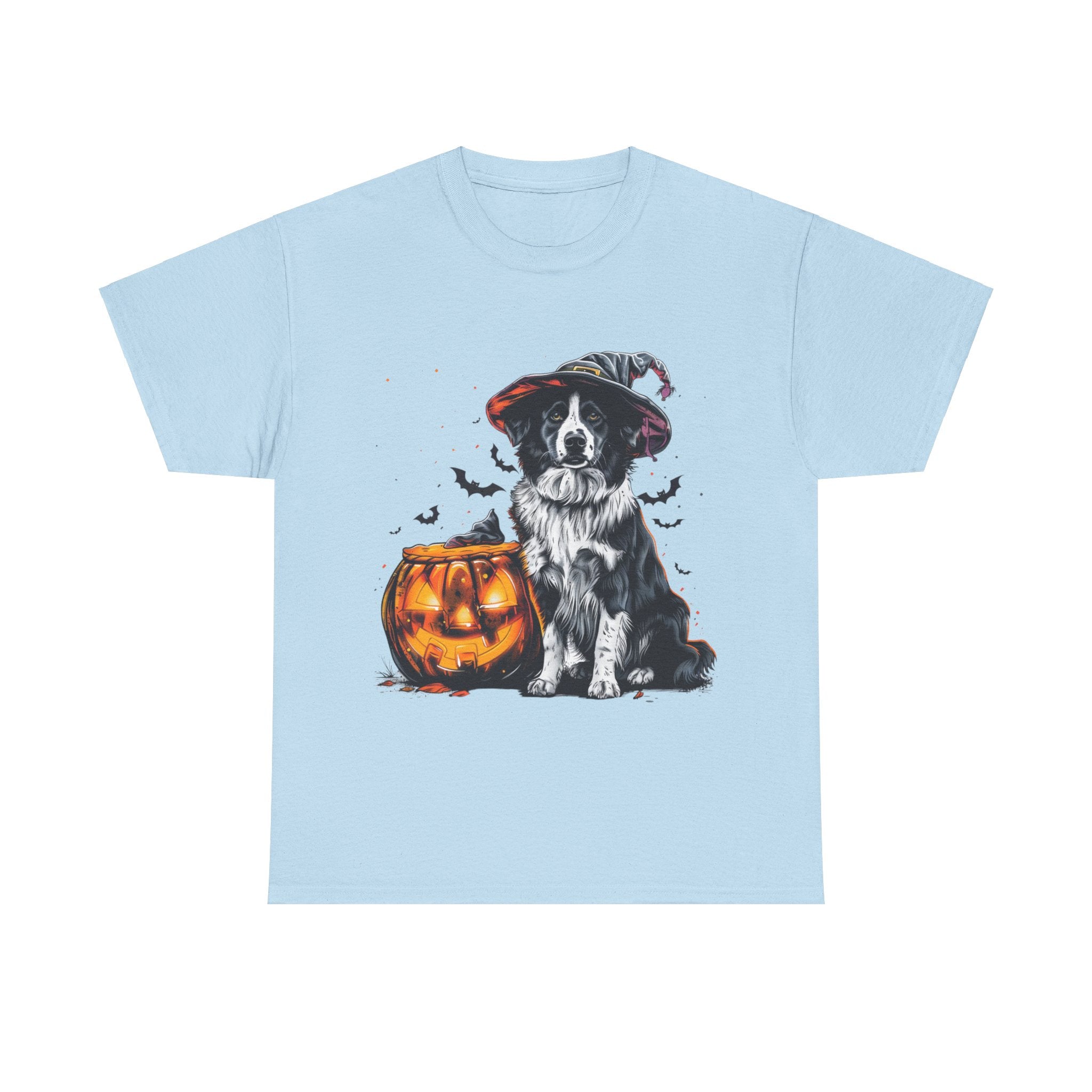 Printify T-Shirt Light Blue / S Border Collie Halloween Witch Hat Tee – Unisex Cotton Shirt