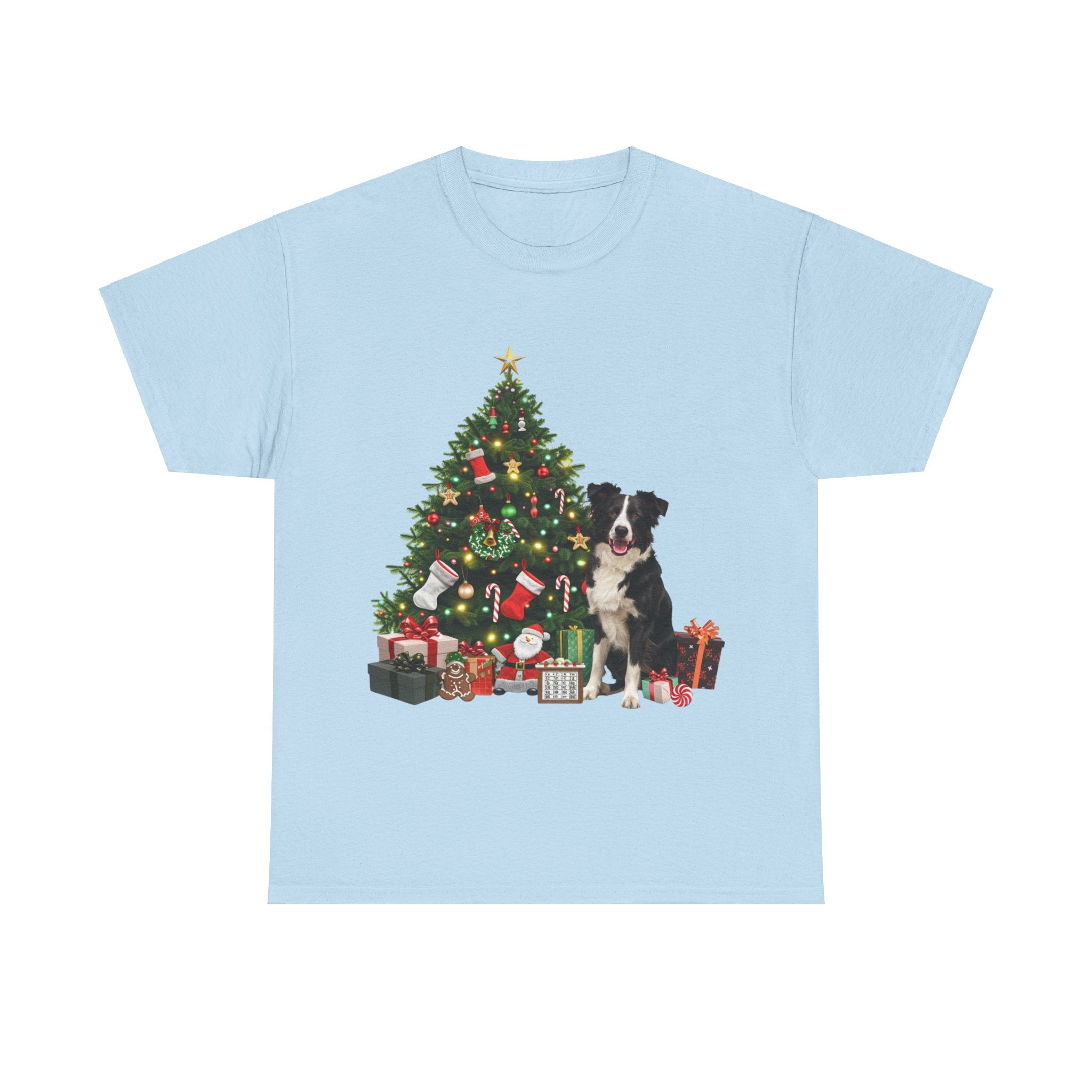 Printify T-Shirt Light Blue / S Border Collie with Christmas Tree and Gifts – Festive Holiday Dog Art