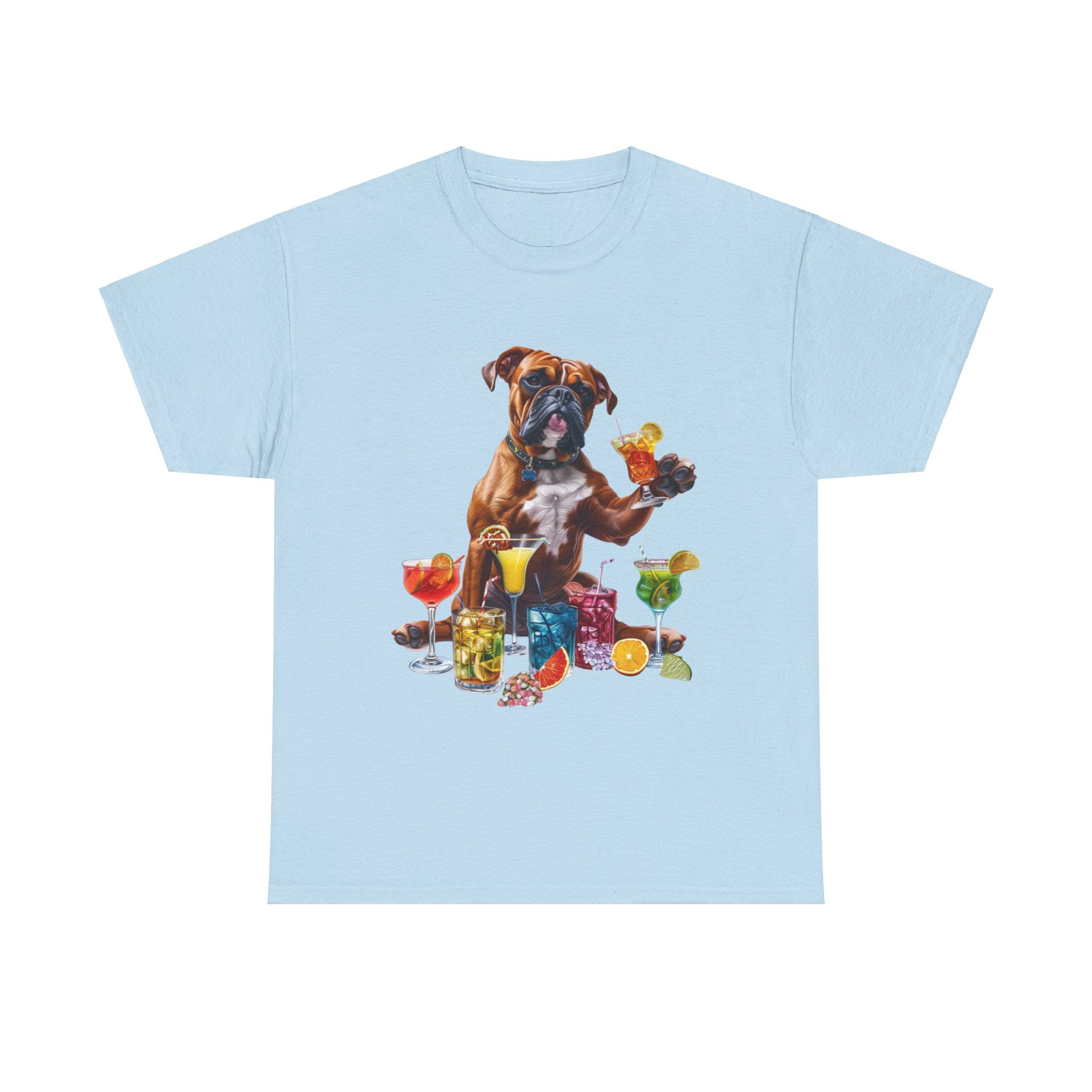 Printify T-Shirt Light Blue / S Boxer Dog Cocktail Design with Vibrant Drinks – Fun and Playful for Dog Lovers