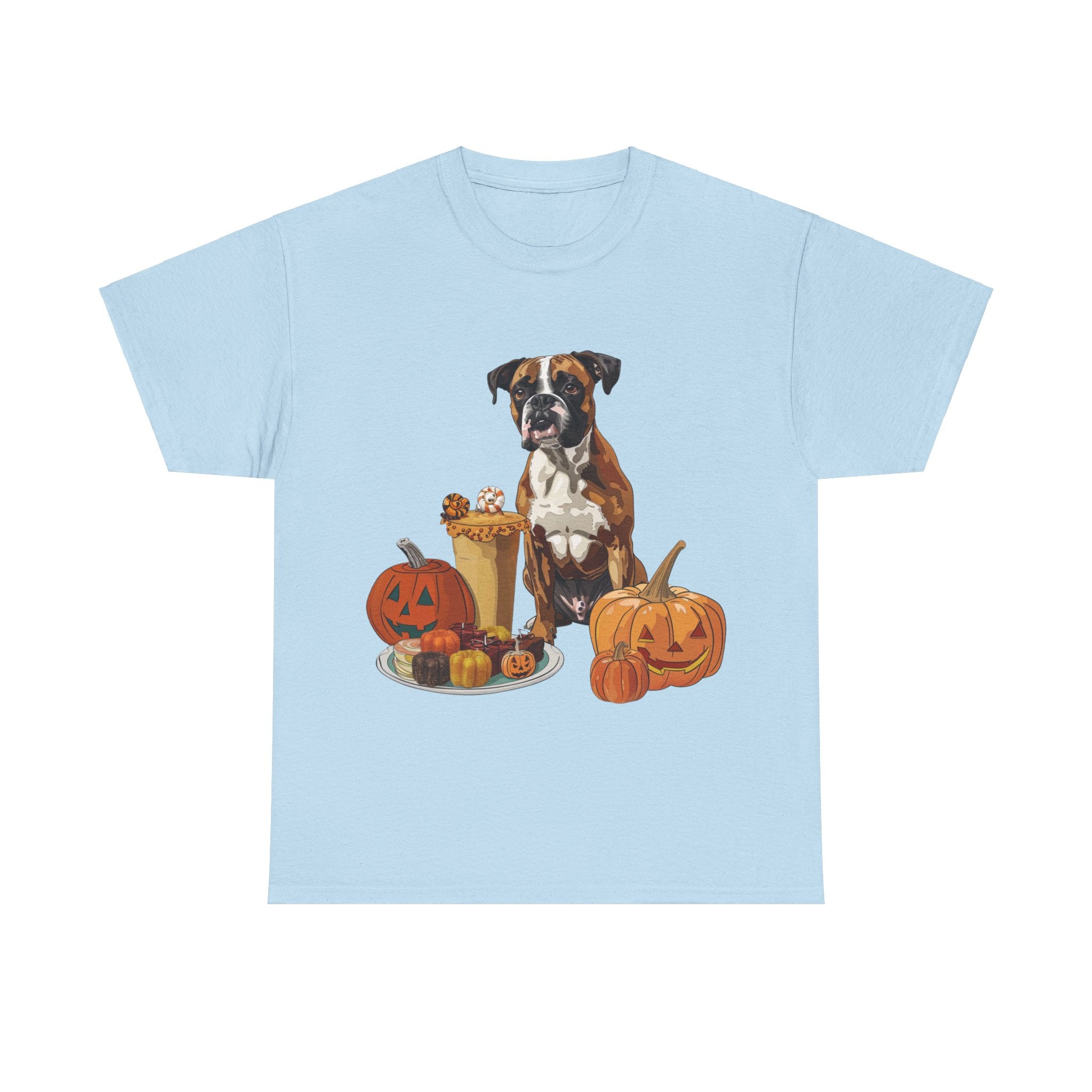 Printify T-Shirt Light Blue / S Boxer Halloween Design with Jack-o'-Lanterns and Festive Sweets – Ideal for Dog Lovers