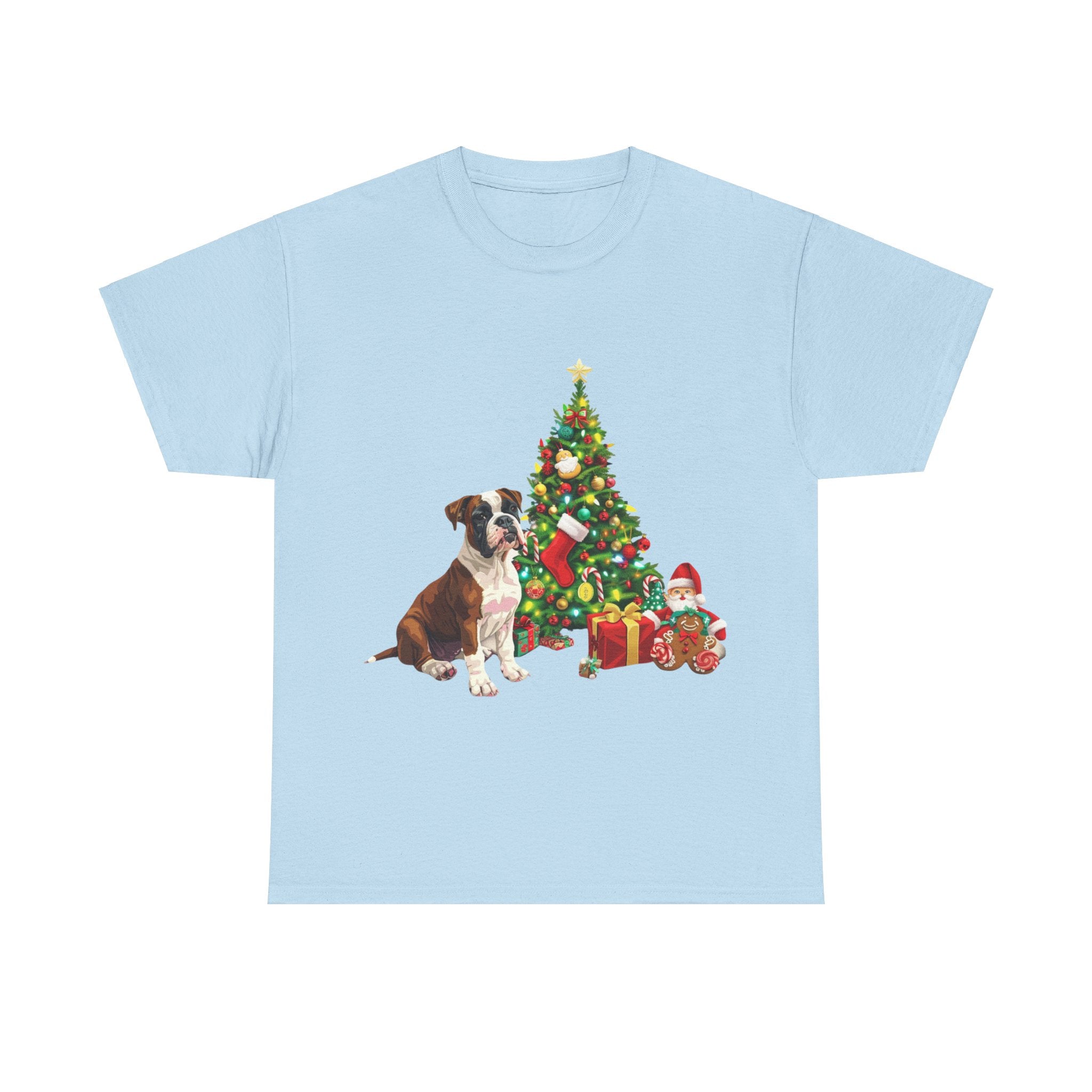 Printify T-Shirt Light Blue / S Boxer with Christmas Tree and Gifts – Festive Holiday Dog Art