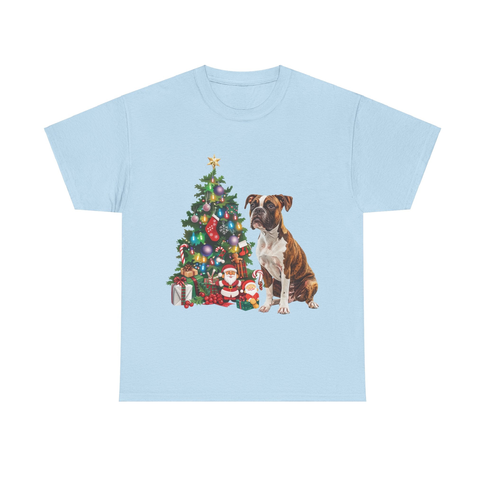 Printify T-Shirt Light Blue / S Boxer with Christmas Tree and Santa – Festive Holiday Dog Art