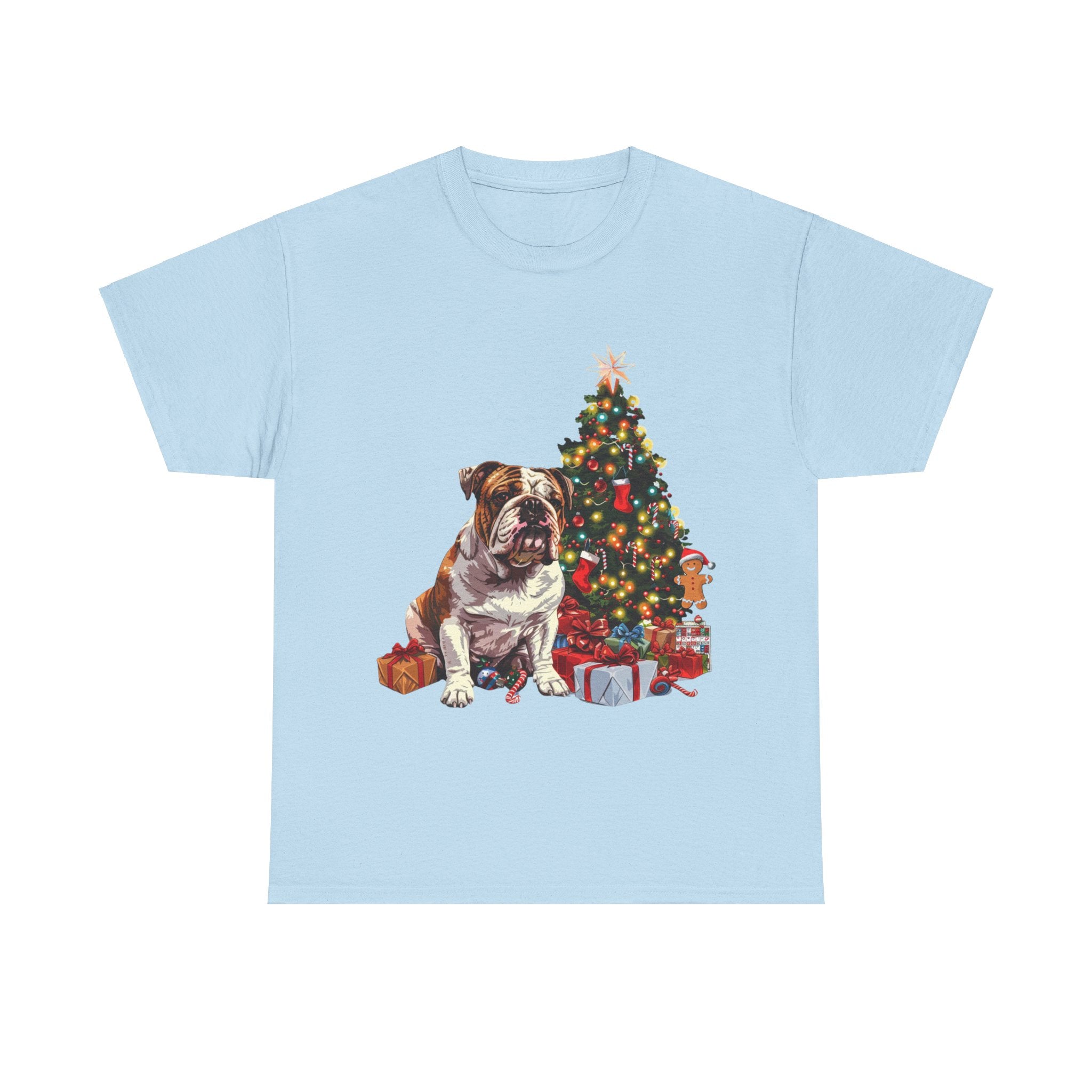 Printify T-Shirt Light Blue / S Bulldog with Christmas Tree and Gifts – Festive Holiday Dog Art