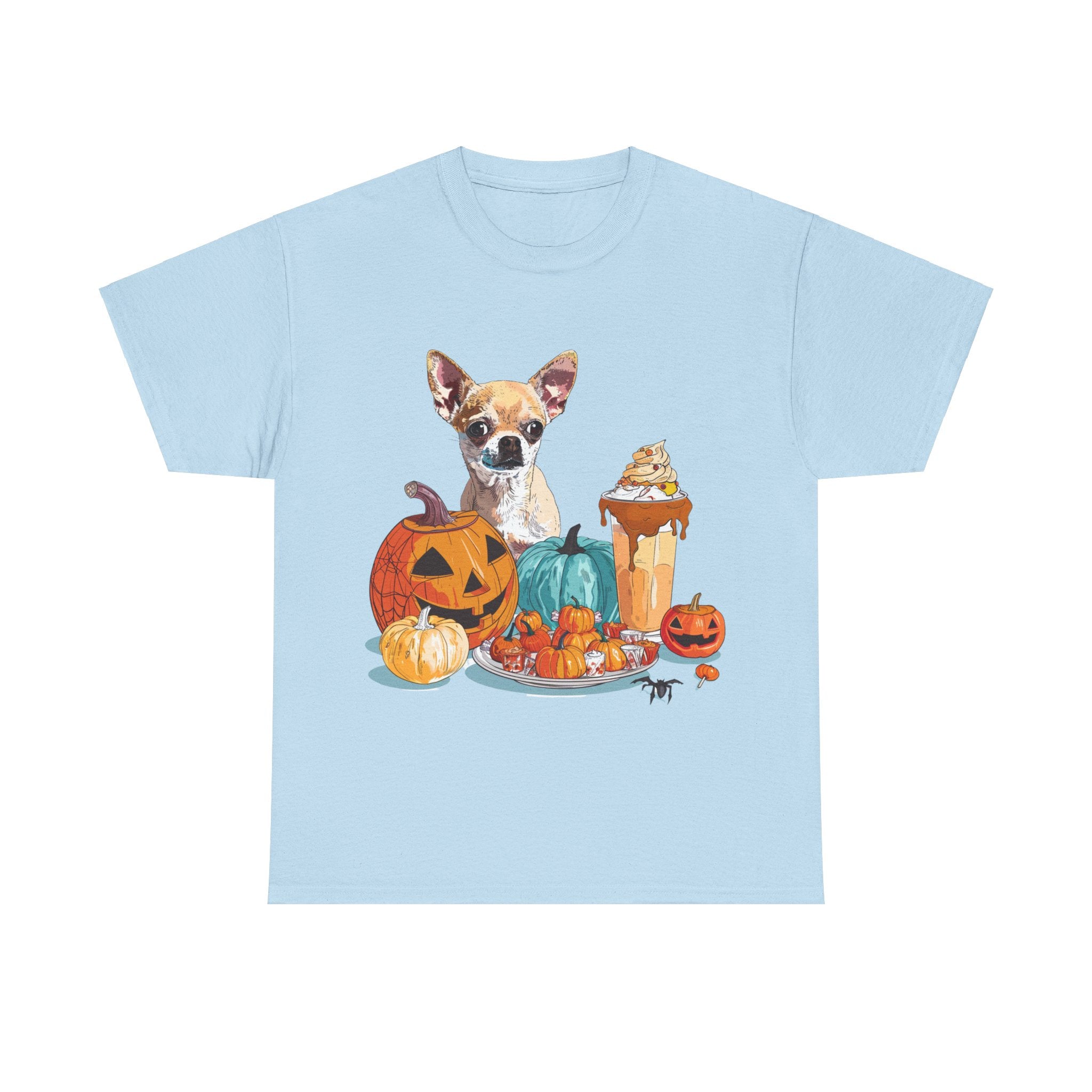 Printify T-Shirt Light Blue / S Chihuahua Halloween Design with Jack-o'-Lanterns and Festive Sweets – Perfect for Dog Lovers