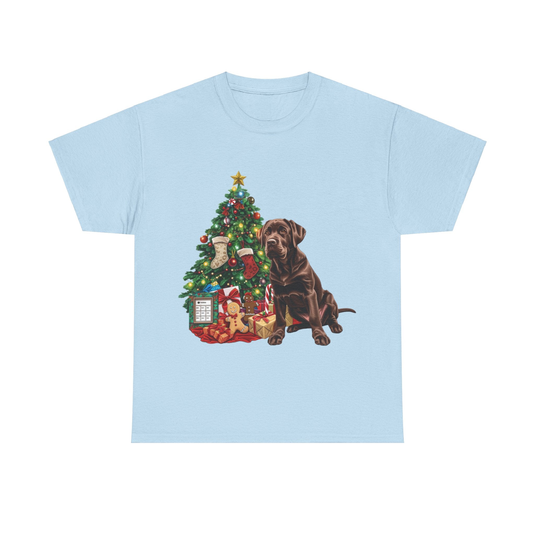 Printify T-Shirt Light Blue / S Chocolate Labrador with Christmas Tree and Presents – Festive Holiday Dog Art