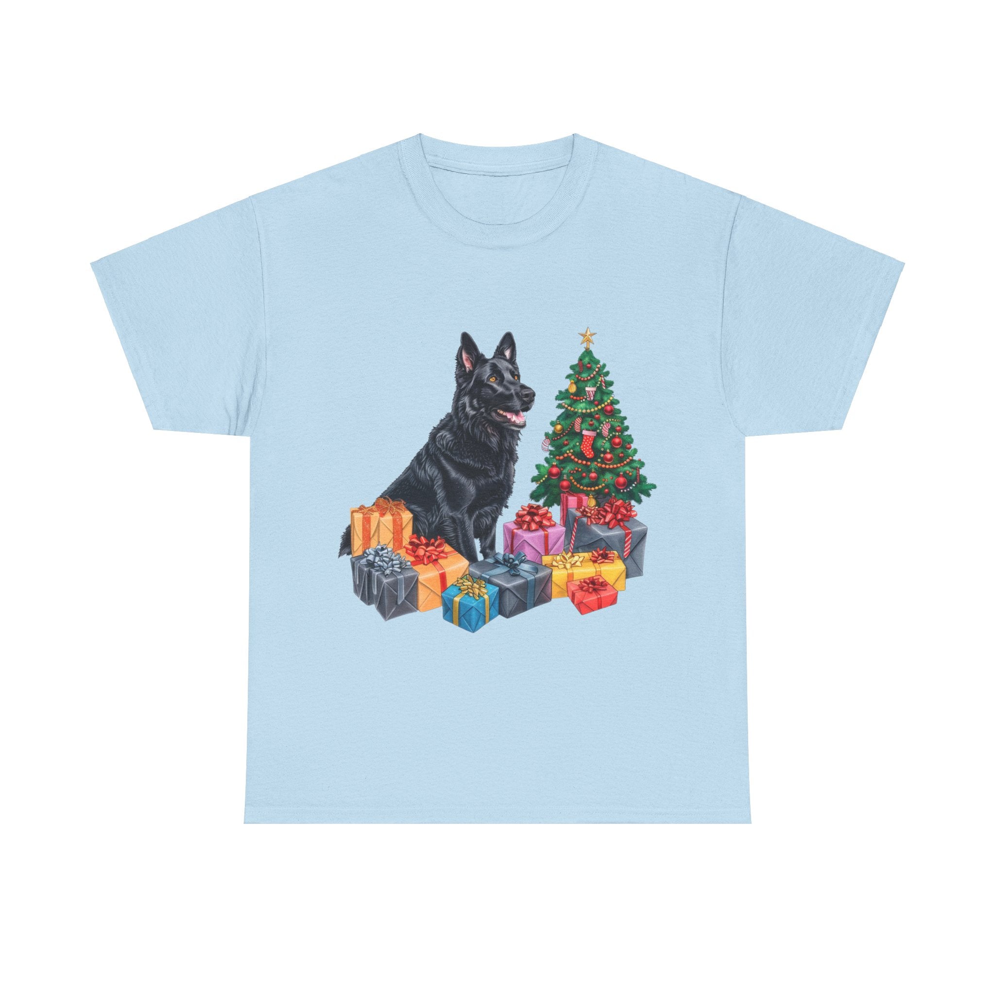 Printify T-Shirt Light Blue / S Christmas Black Shepherd Dog with Gifts and Tree – A Festive and Loyal Companion