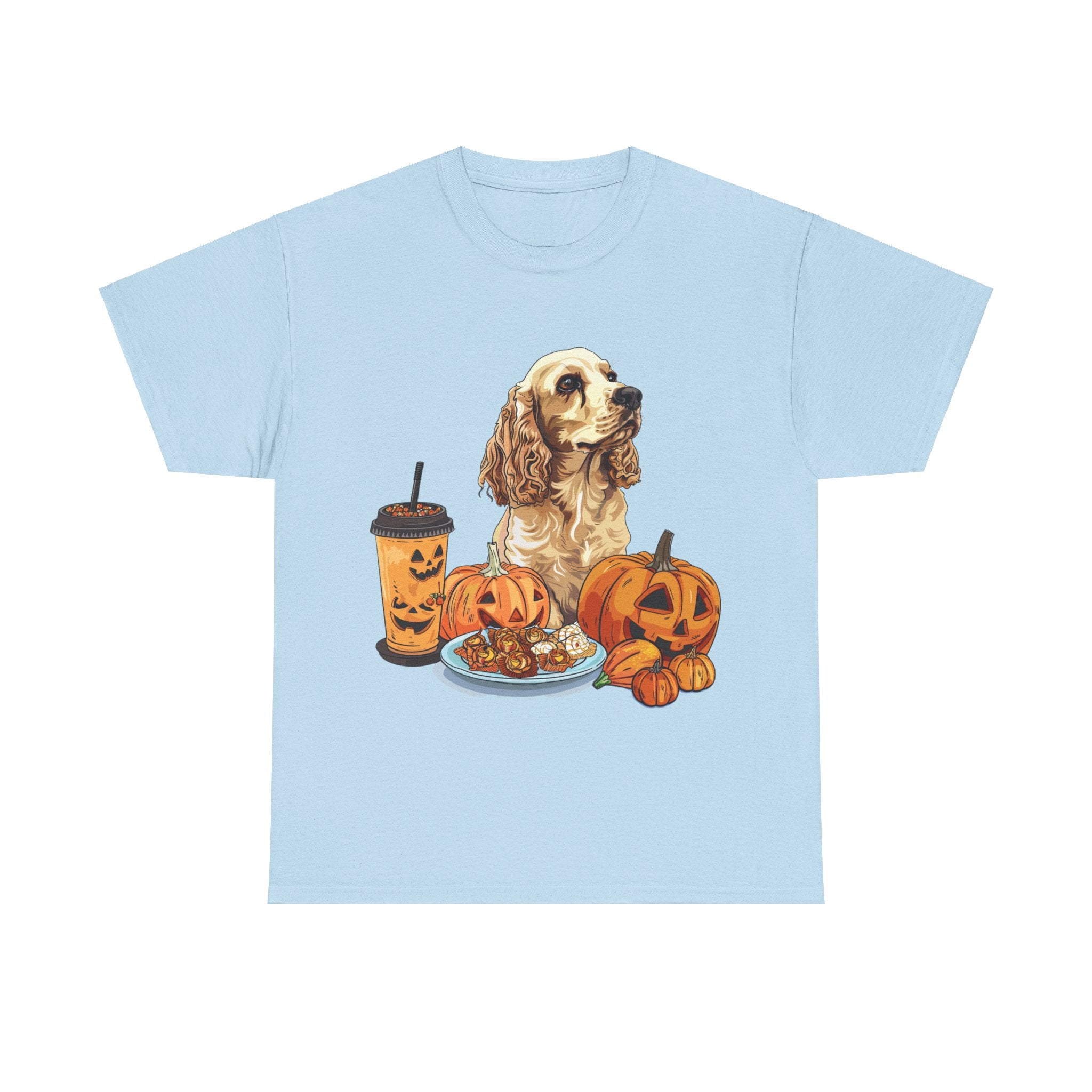 Printify T-Shirt Light Blue / S Cocker Spaniel Halloween Design with Pumpkins and Sweet Treats – Ideal for Dog Lovers