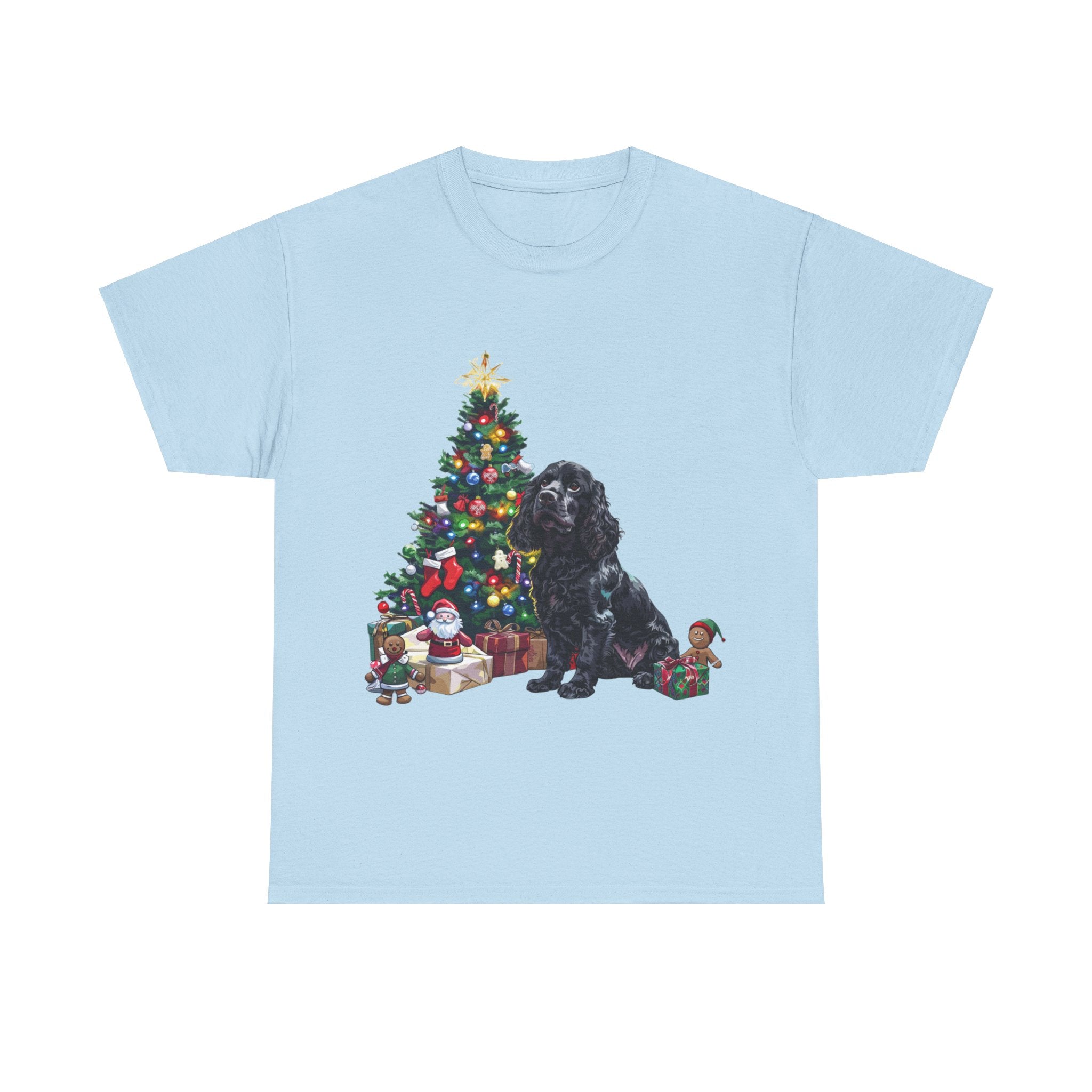 Printify T-Shirt Light Blue / S Cocker Spaniel with Christmas Tree and Gifts – Festive Holiday Dog Art