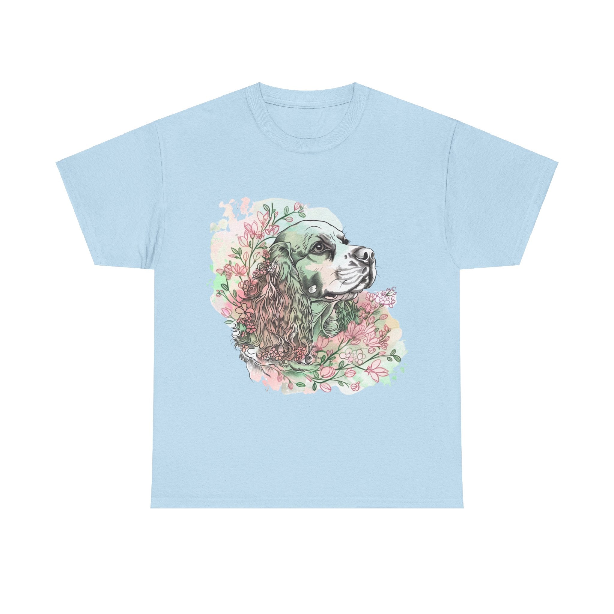 Printify T-Shirt Light Blue / S Cocker Spaniel with Floral Accents – Artistic Dog Illustration