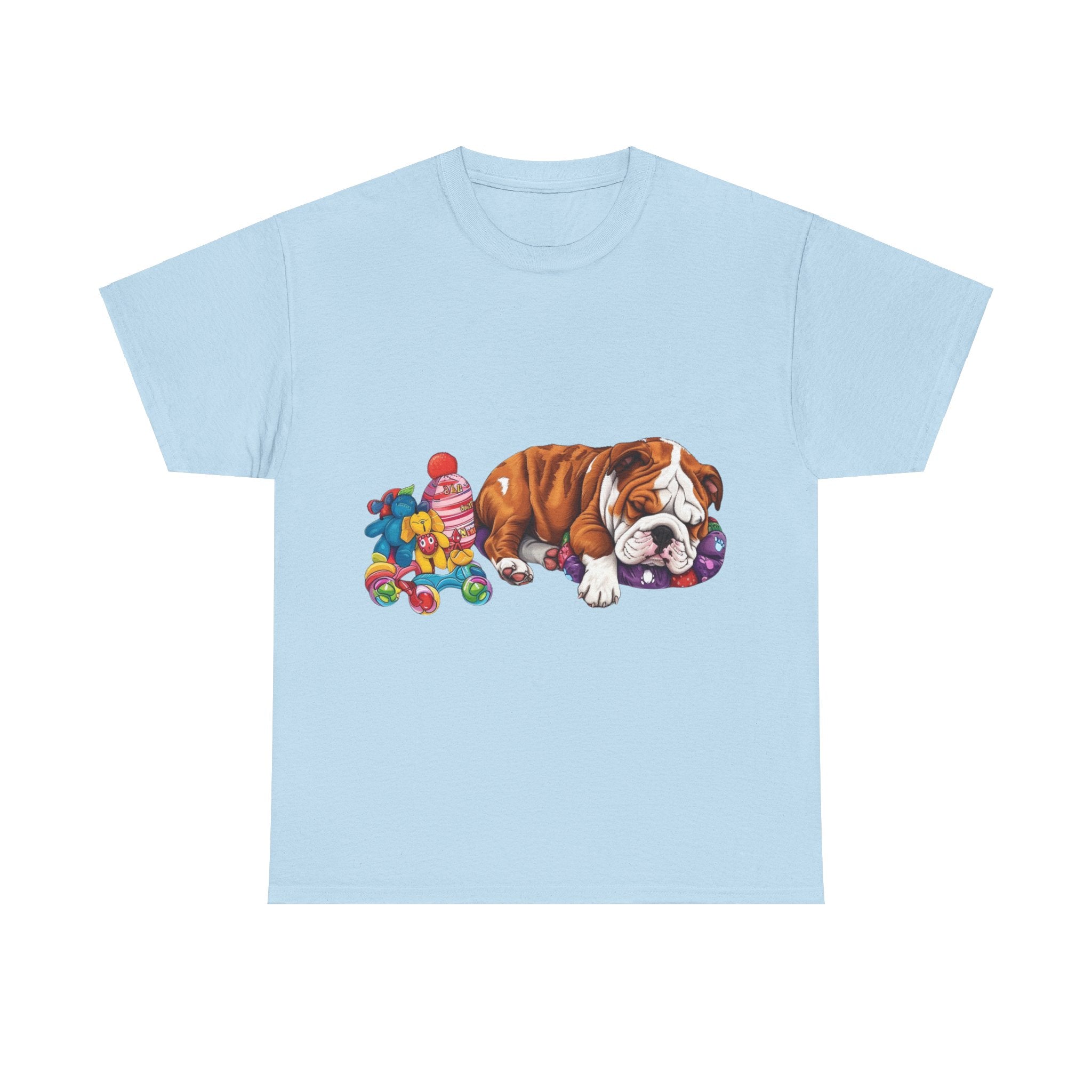 Printify T-Shirt Light Blue / S Cozy Sleeping Bulldog with Toys – Delightful Design for Dog Lovers