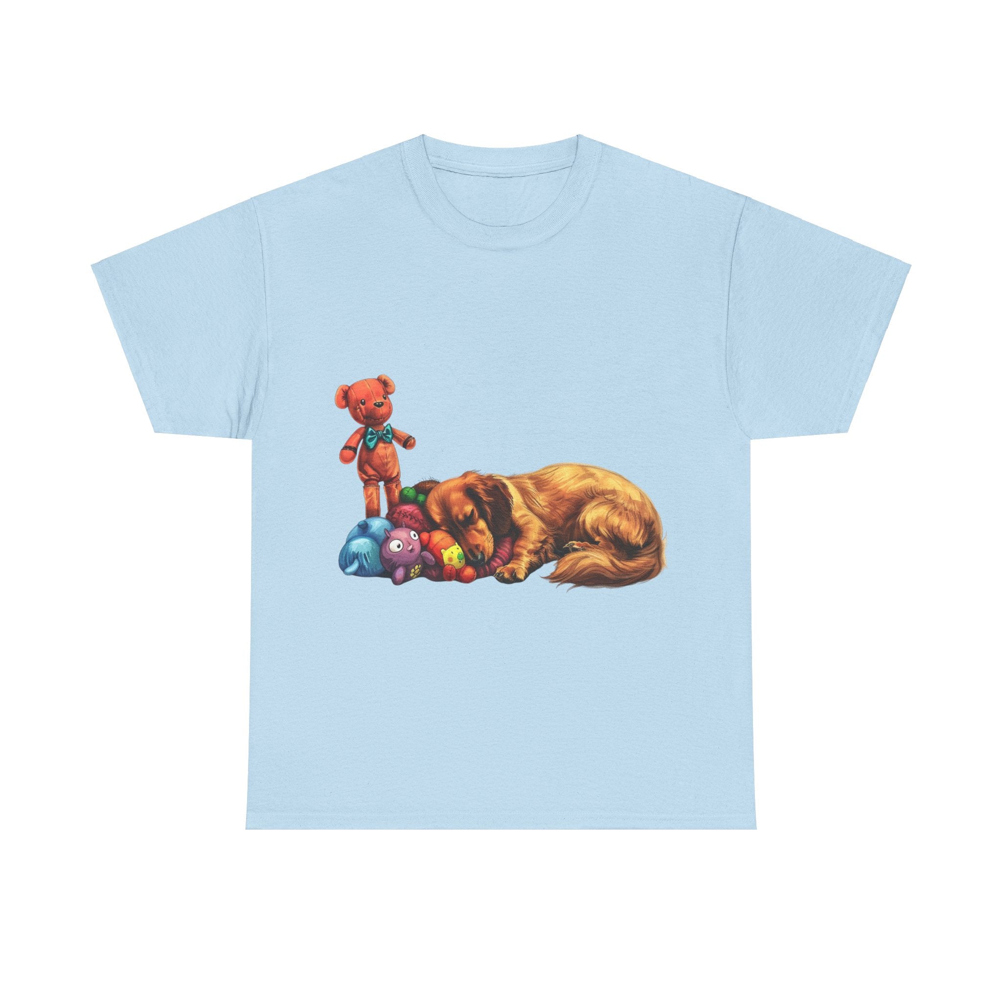 Printify T-Shirt Light Blue / S Cozy Sleeping Dachshund with Toys – Adorable Design for Pet Lovers