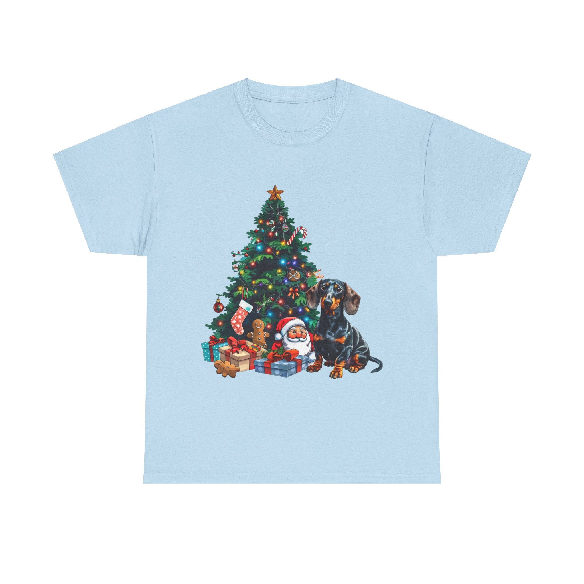 Printify T-Shirt Light Blue / S Dachshund with Christmas Tree and Santa – Festive Holiday Dog Art