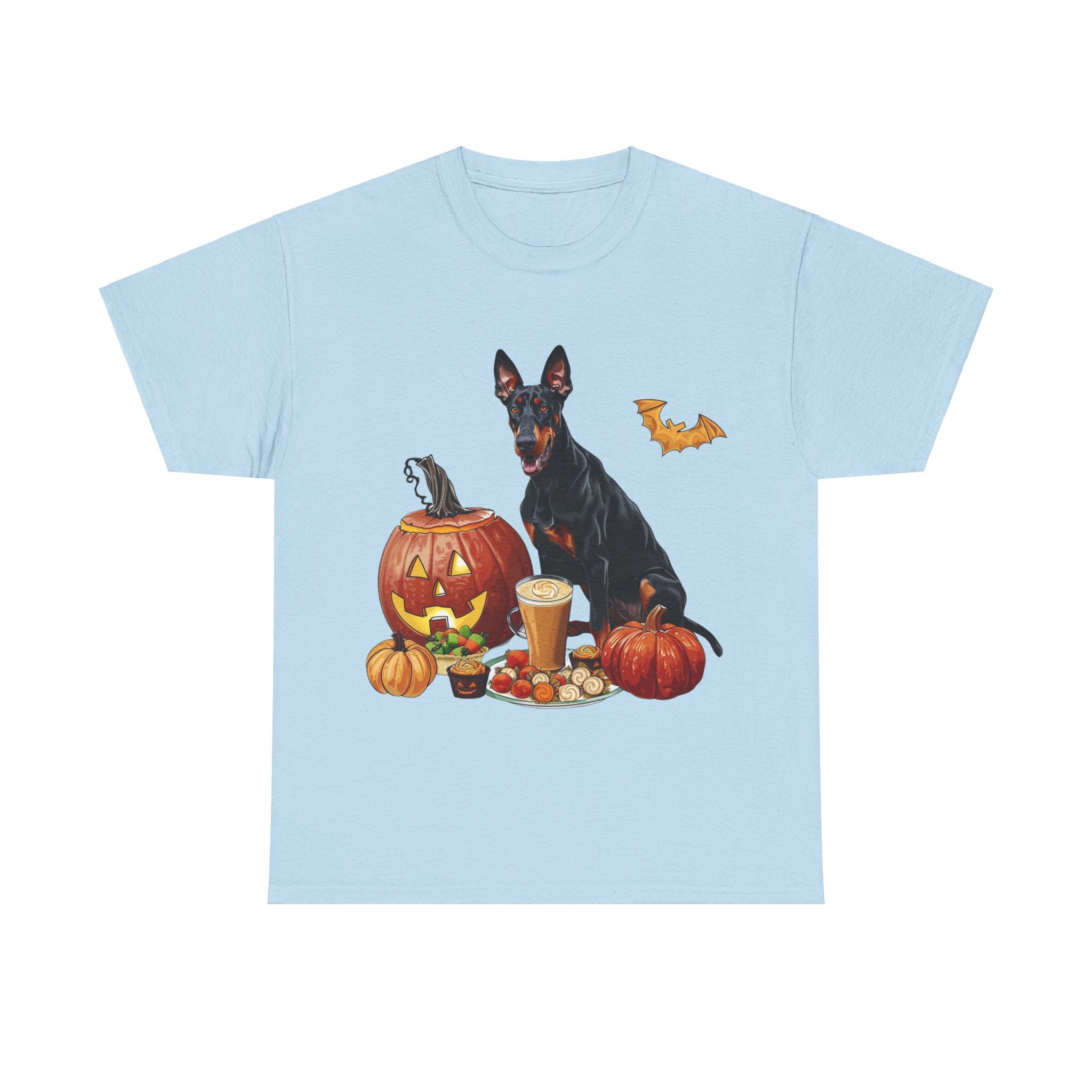 Printify T-Shirt Light Blue / S Doberman Halloween Design with Jack-o'-Lanterns and Festive Treats – Perfect for Dog Lovers