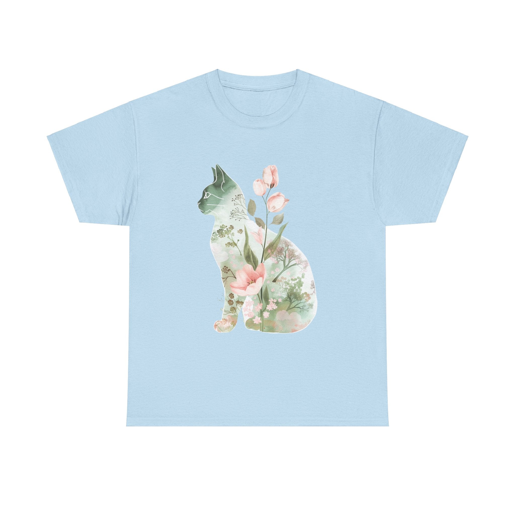 Printify T-Shirt Light Blue / S Floral Cat Unisex Heavy Cotton Tee