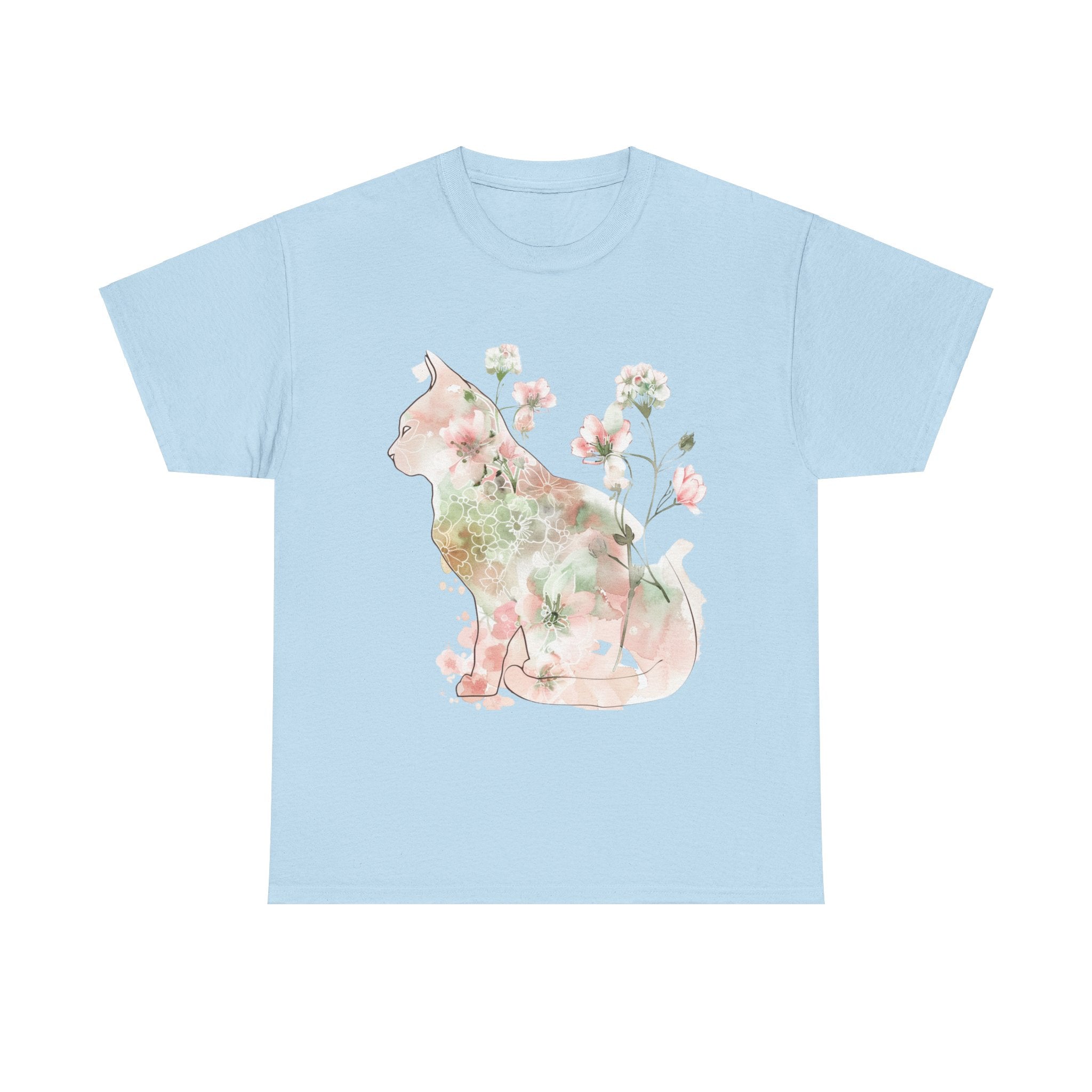 Printify T-Shirt Light Blue / S Floral Cat Unisex Heavy Cotton Tee