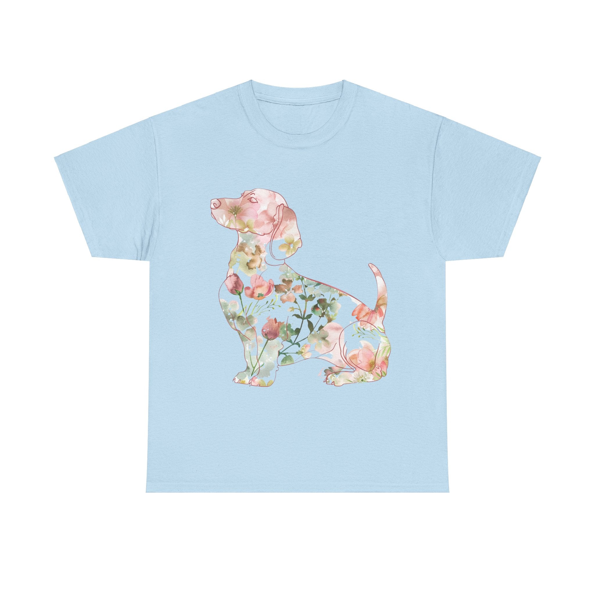 Printify T-Shirt Light Blue / S Floral Dachshund Unisex Heavy Cotton Tee