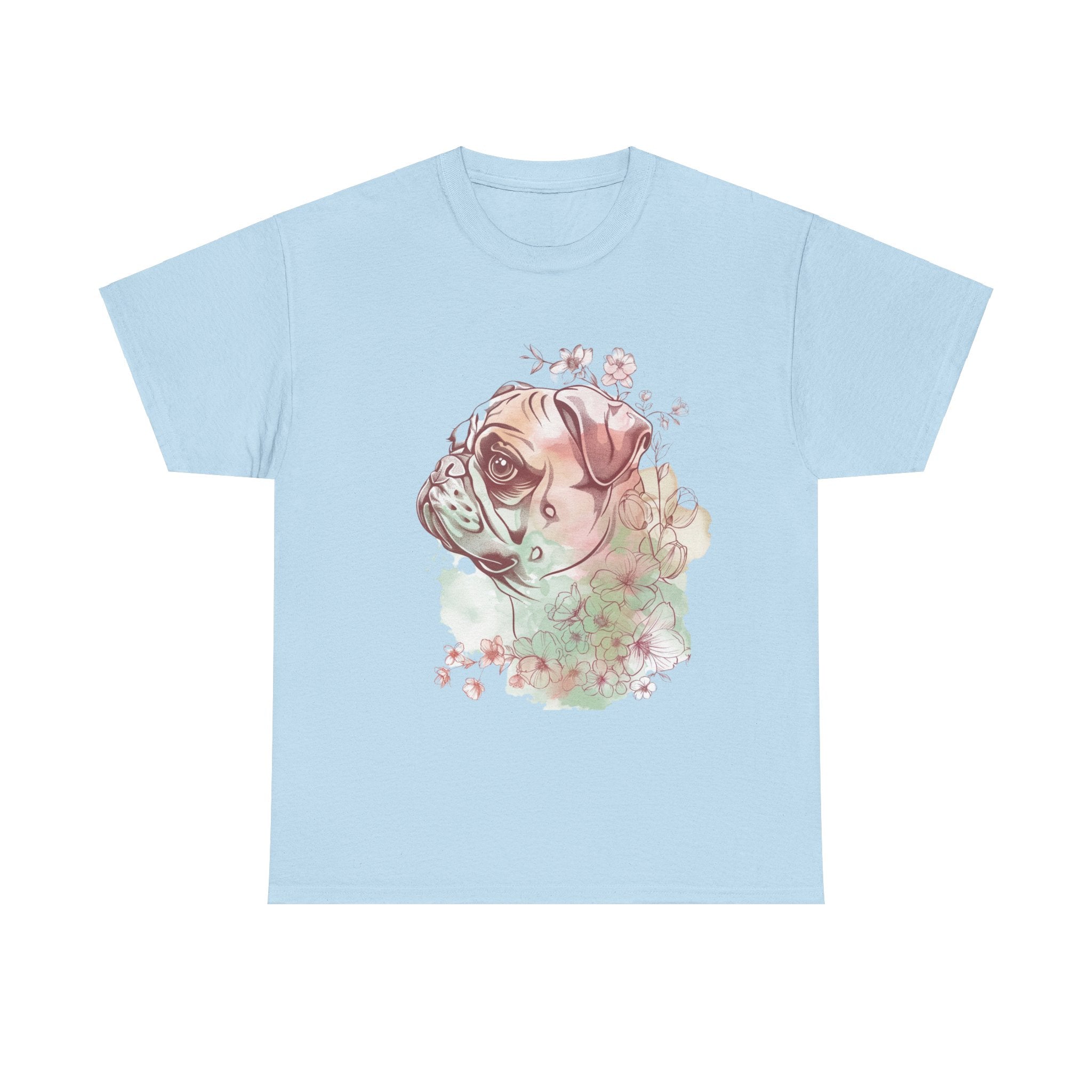 Printify T-Shirt Light Blue / S Floral Pug Silhouette Unisex Heavy Cotton Tee